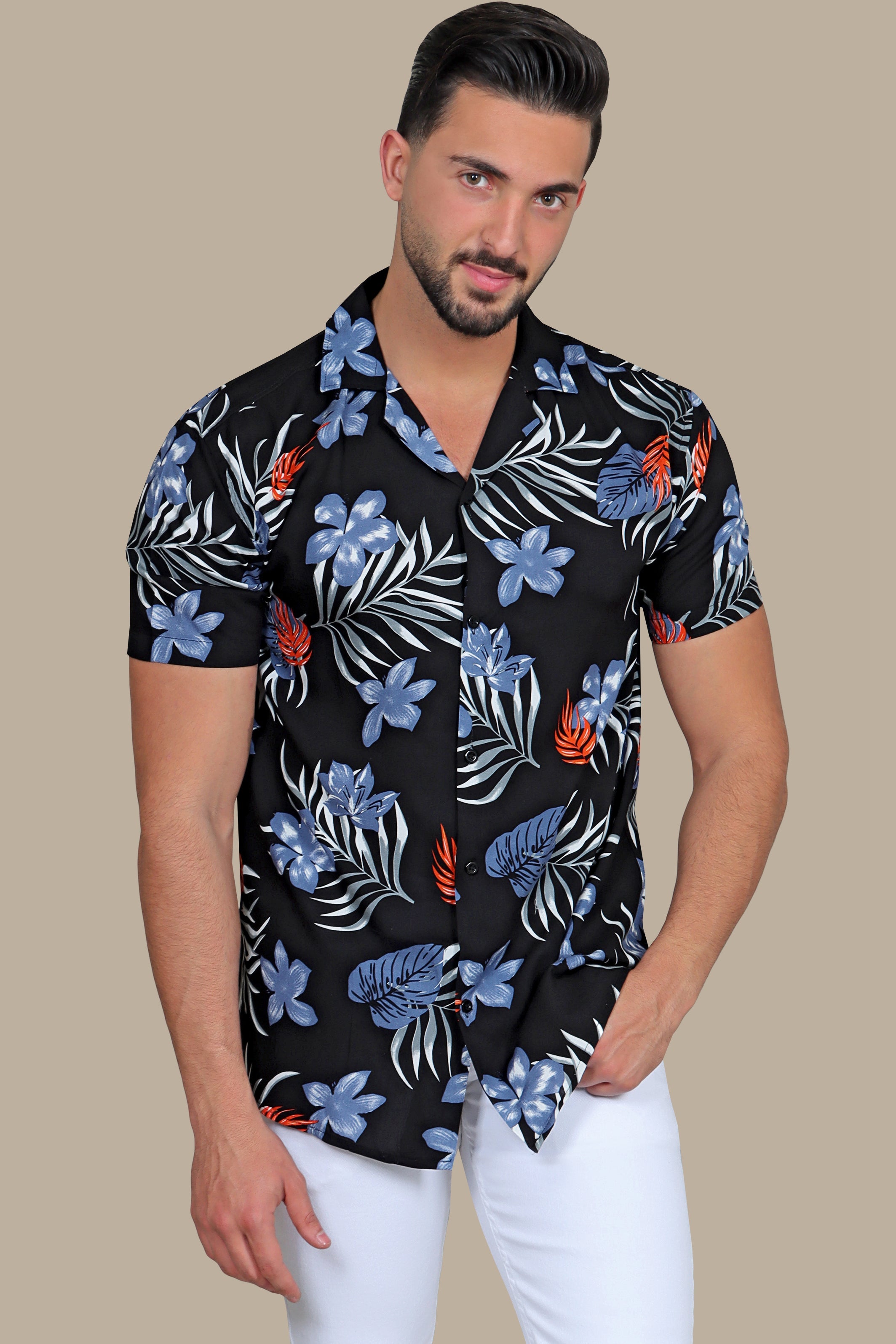 Black Hawaiian Shirt with Blue Leaves Print