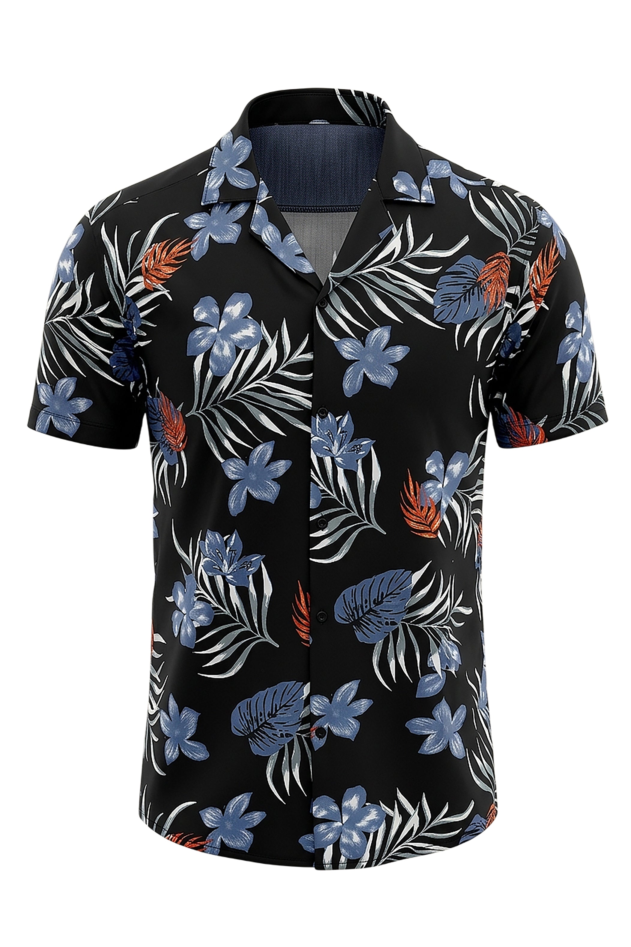 Black Hawaiian Shirt with Blue Leaves Print