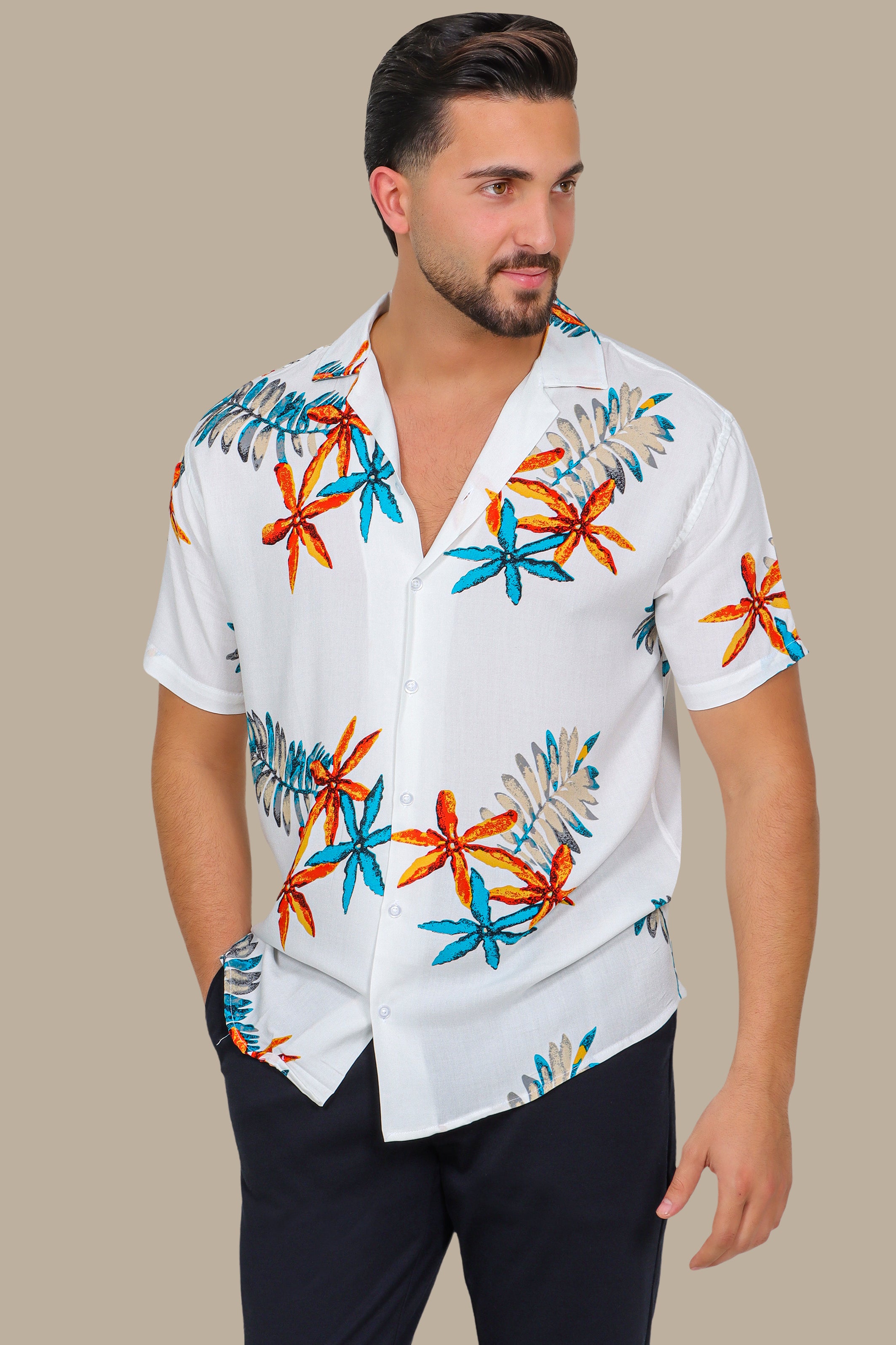 Starry Shores: White Hawaii Shirt with 3 Stars Print