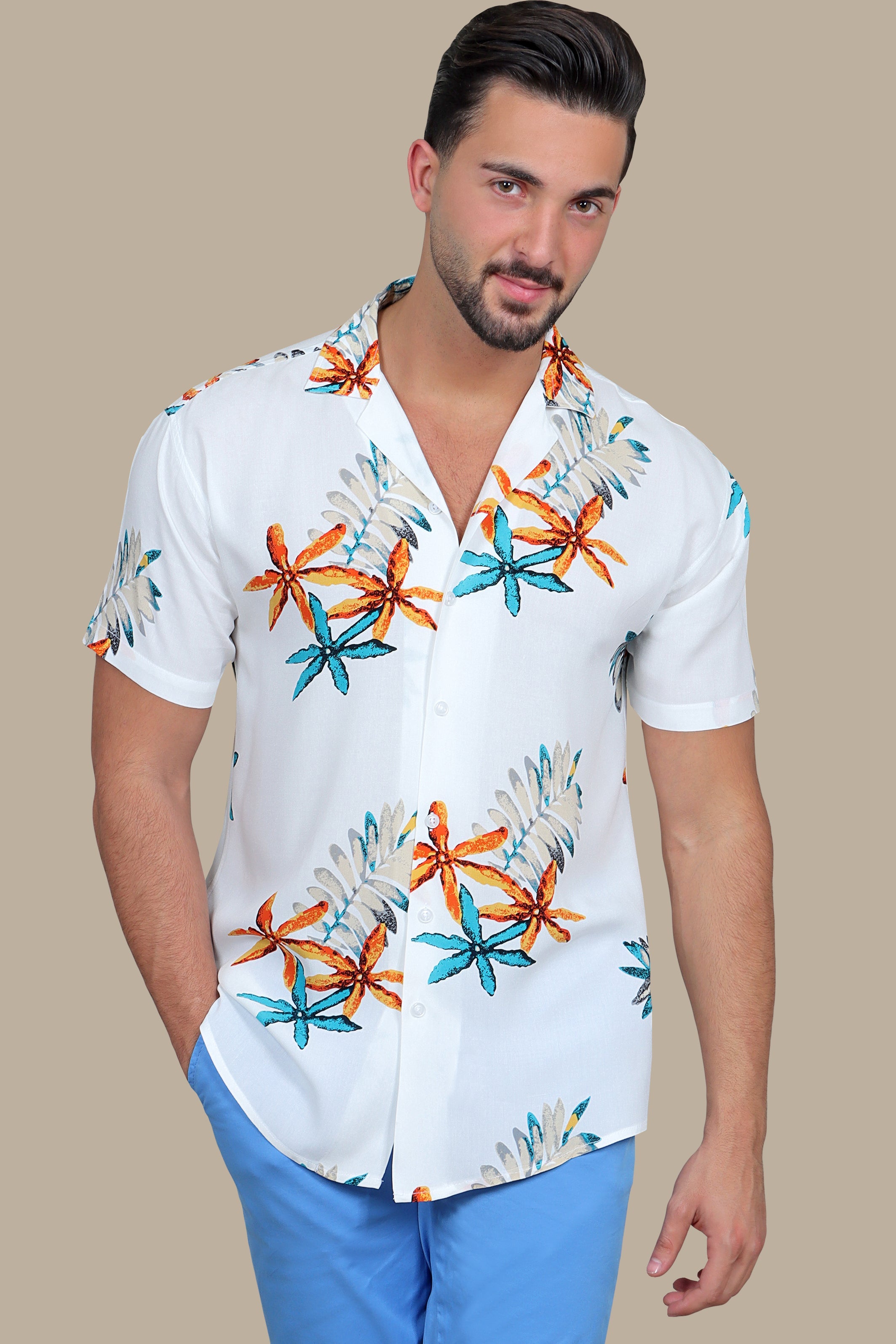 Starry Shores: White Hawaii Shirt with 3 Stars Print