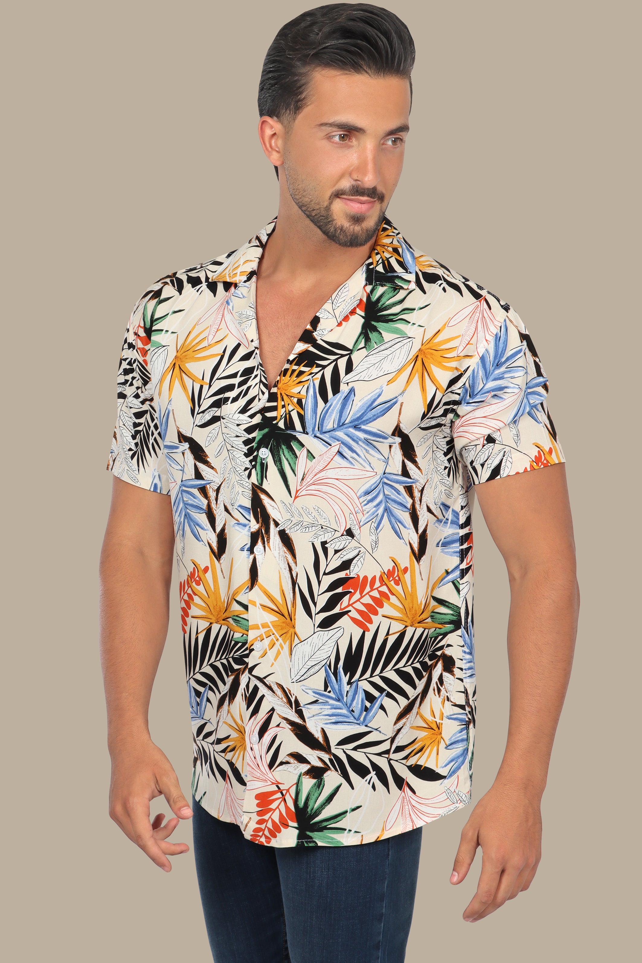 Beige Multi-Colored Leaf Print Hawaiian Shirt
