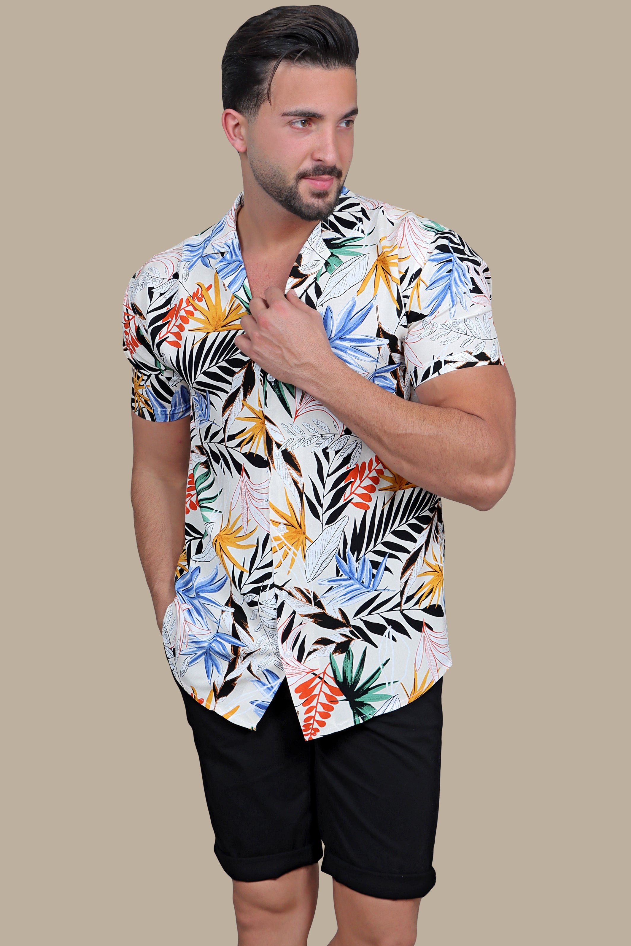 Beige Multi-Colored Leaf Print Hawaiian Shirt