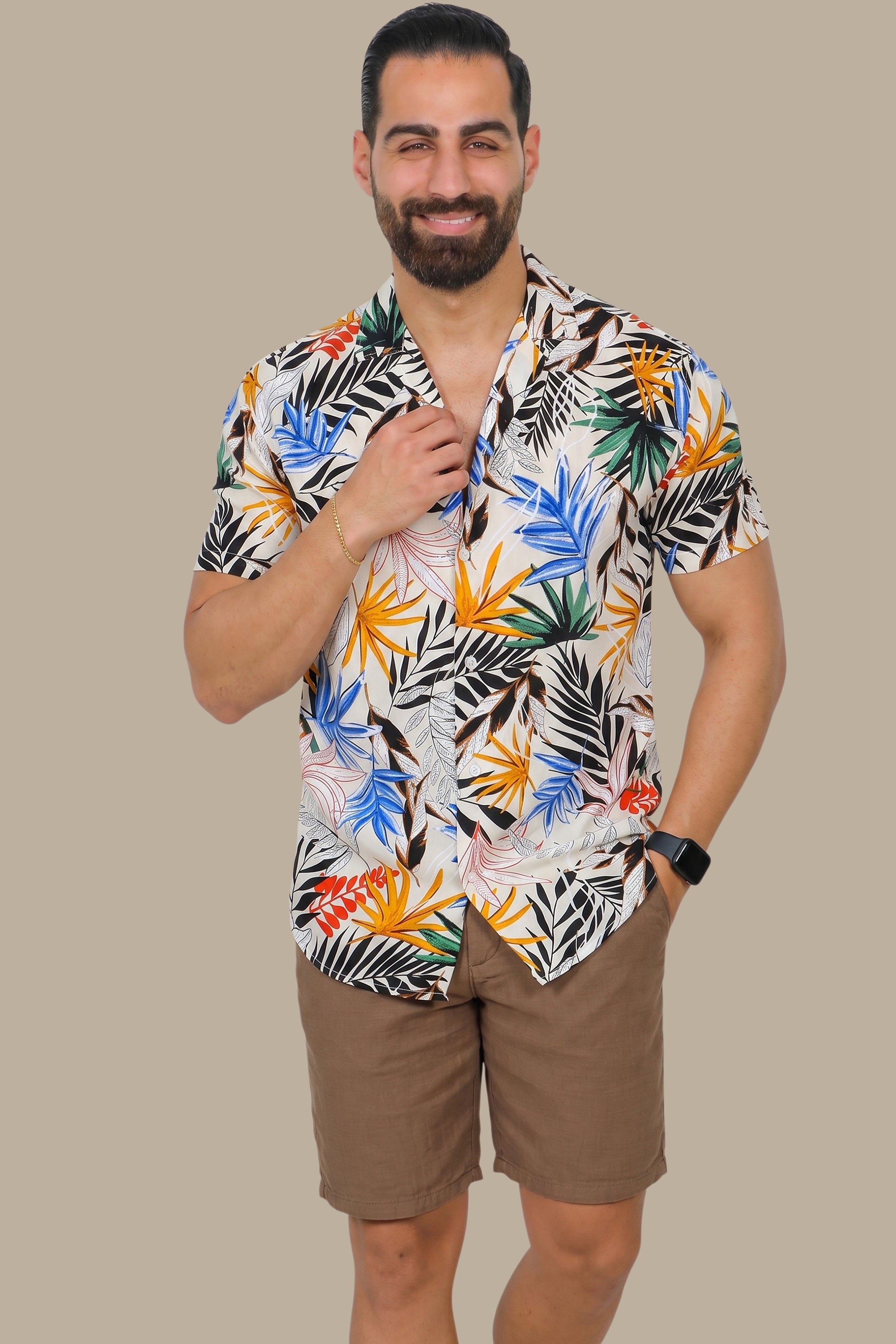 Beige Multi-Colored Leaf Print Hawaiian Shirt