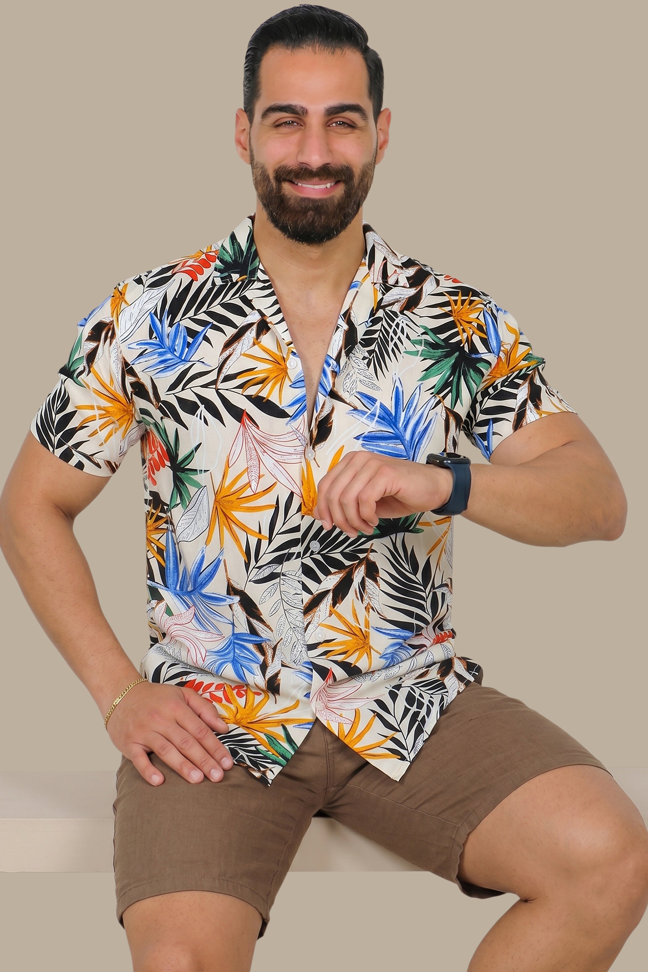 Beige Multi-Colored Leaf Print Hawaiian Shirt