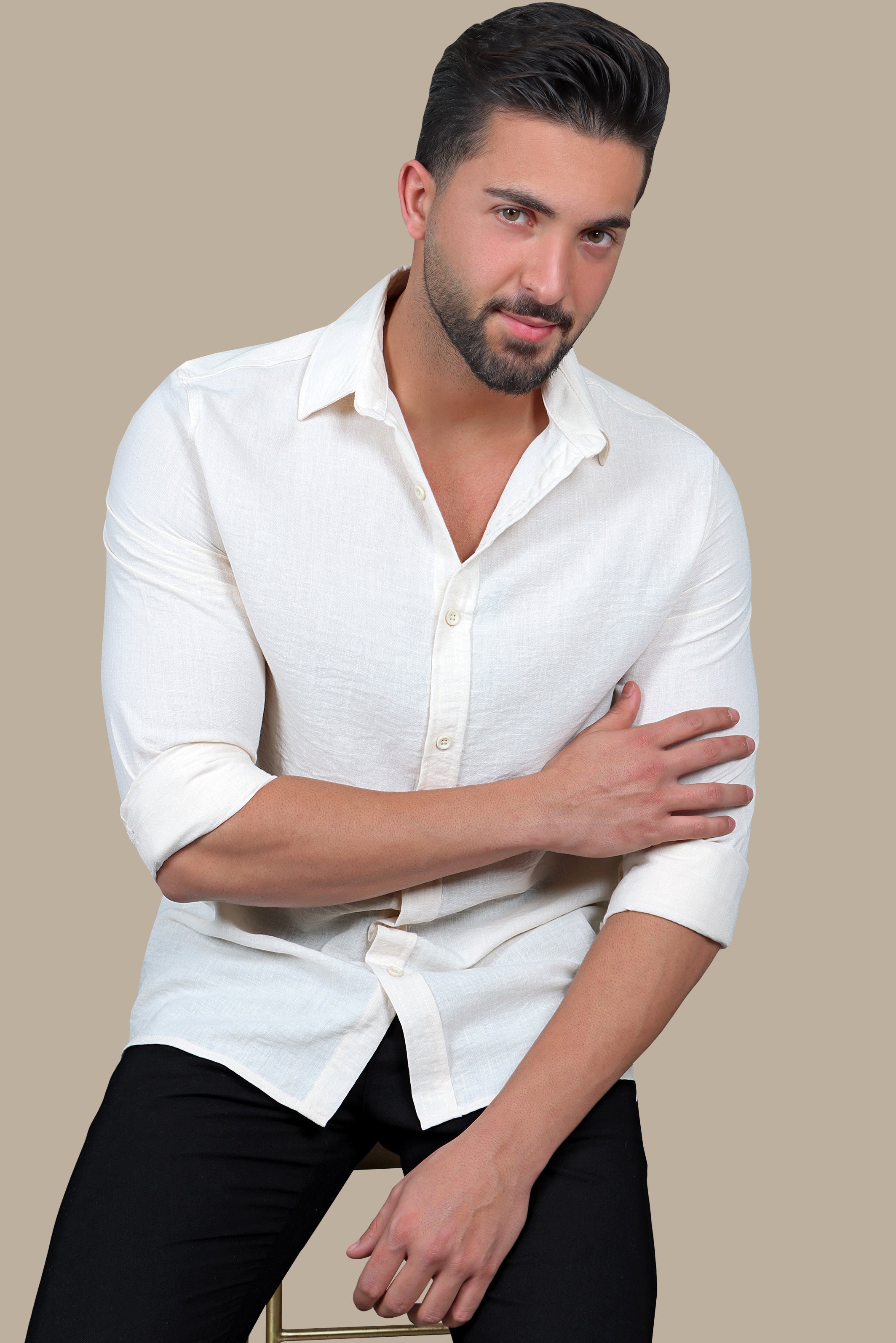 Timeless Comfort: Beige Linen Long Sleeve Shirt