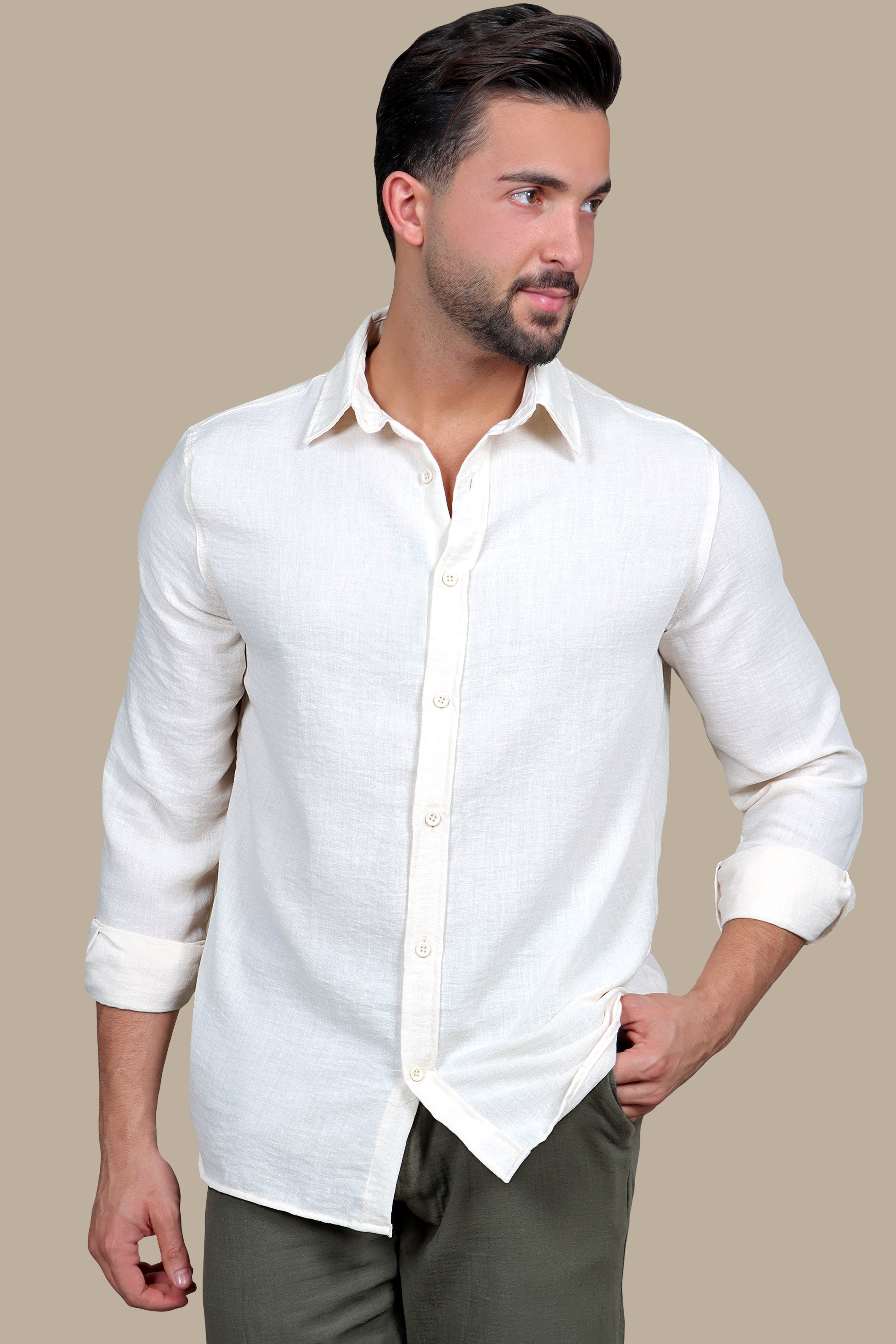 Timeless Comfort: Beige Linen Long Sleeve Shirt