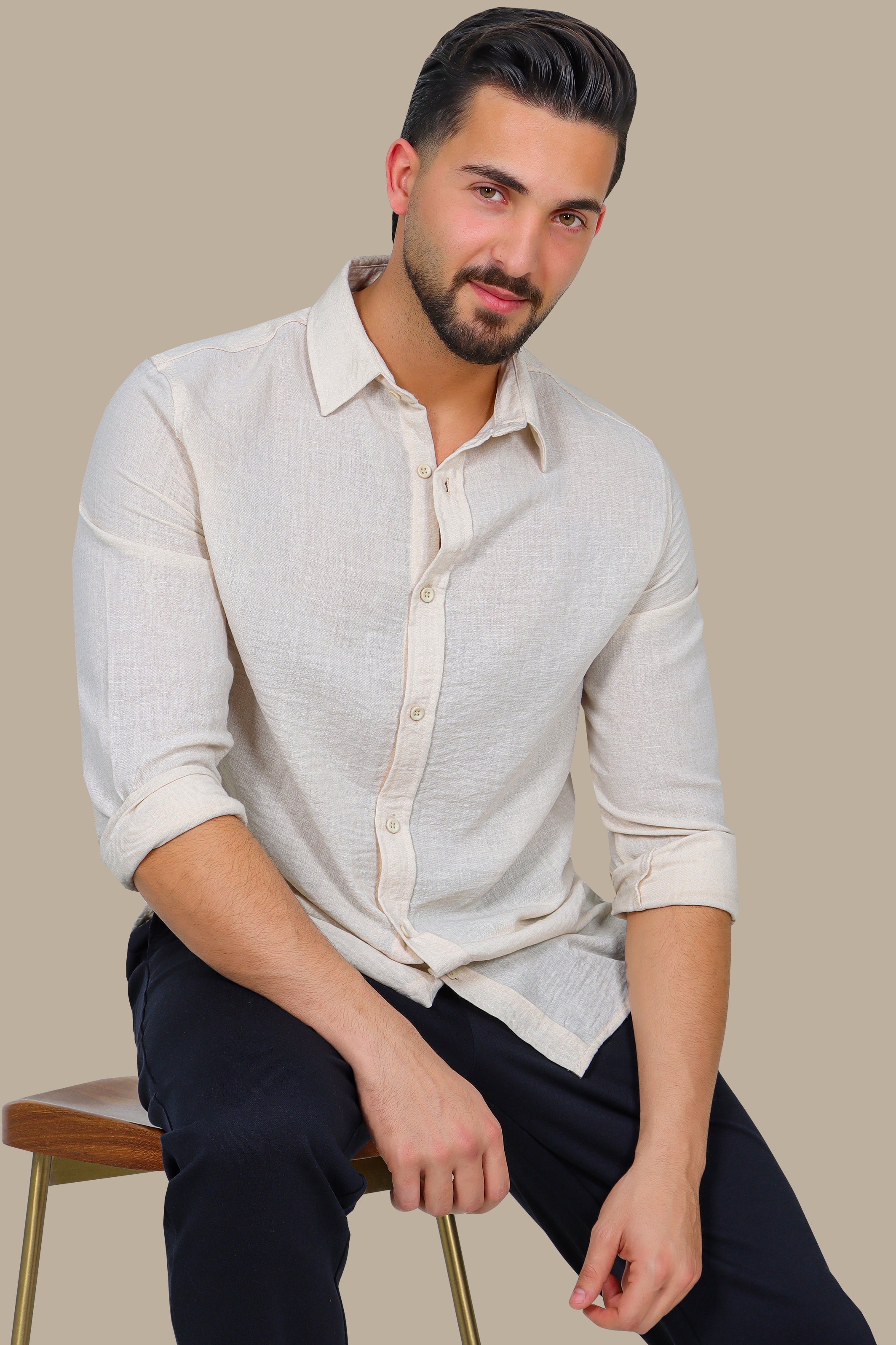 Timeless Comfort: Beige Linen Long Sleeve Shirt