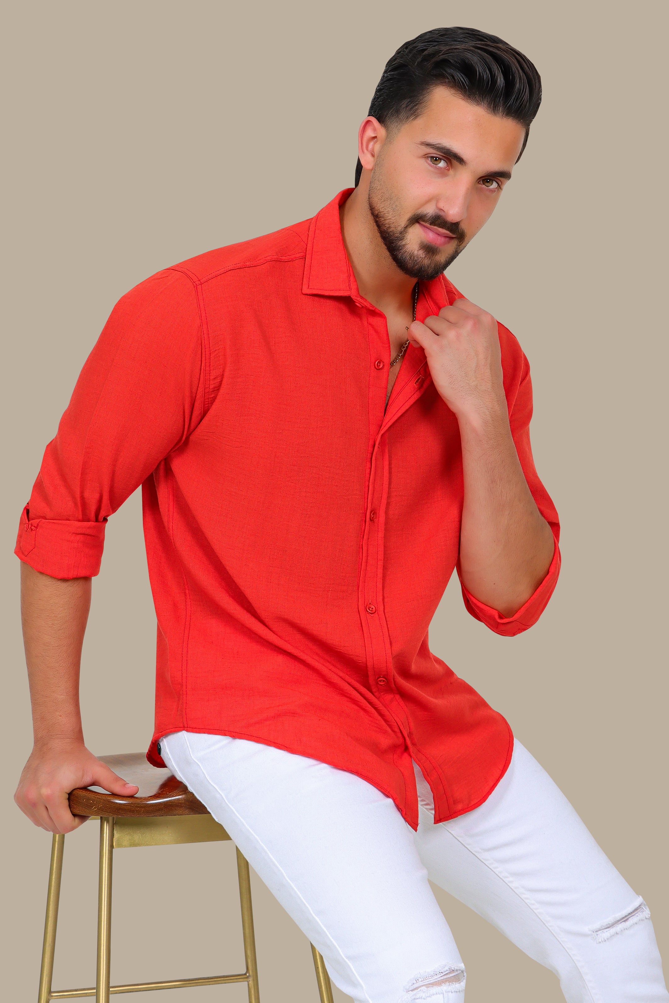 Coral Comfort: Long Sleeve Plain Linen Shirt - Main Image