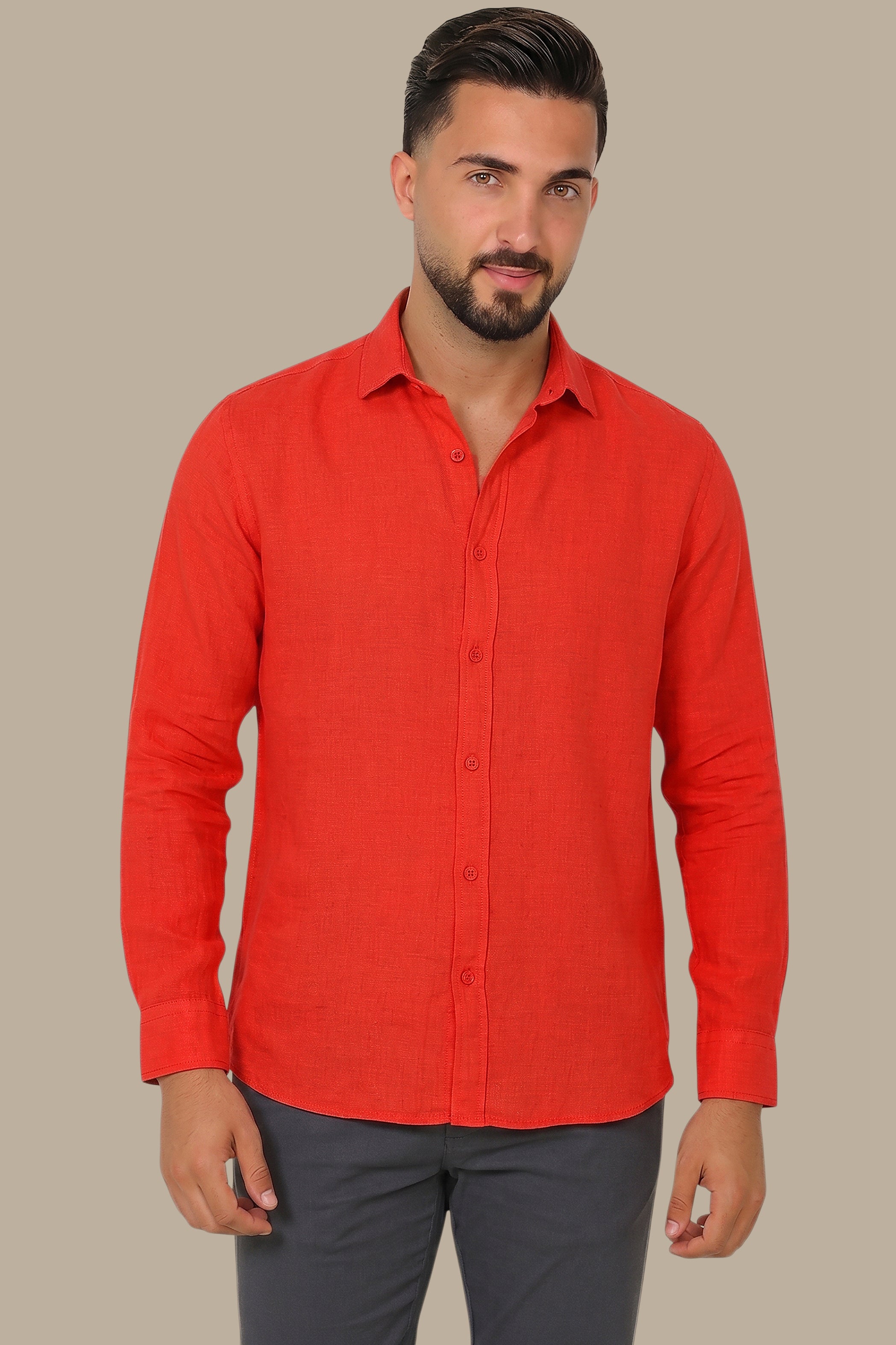 Coral Comfort: Long Sleeve Plain Linen Shirt