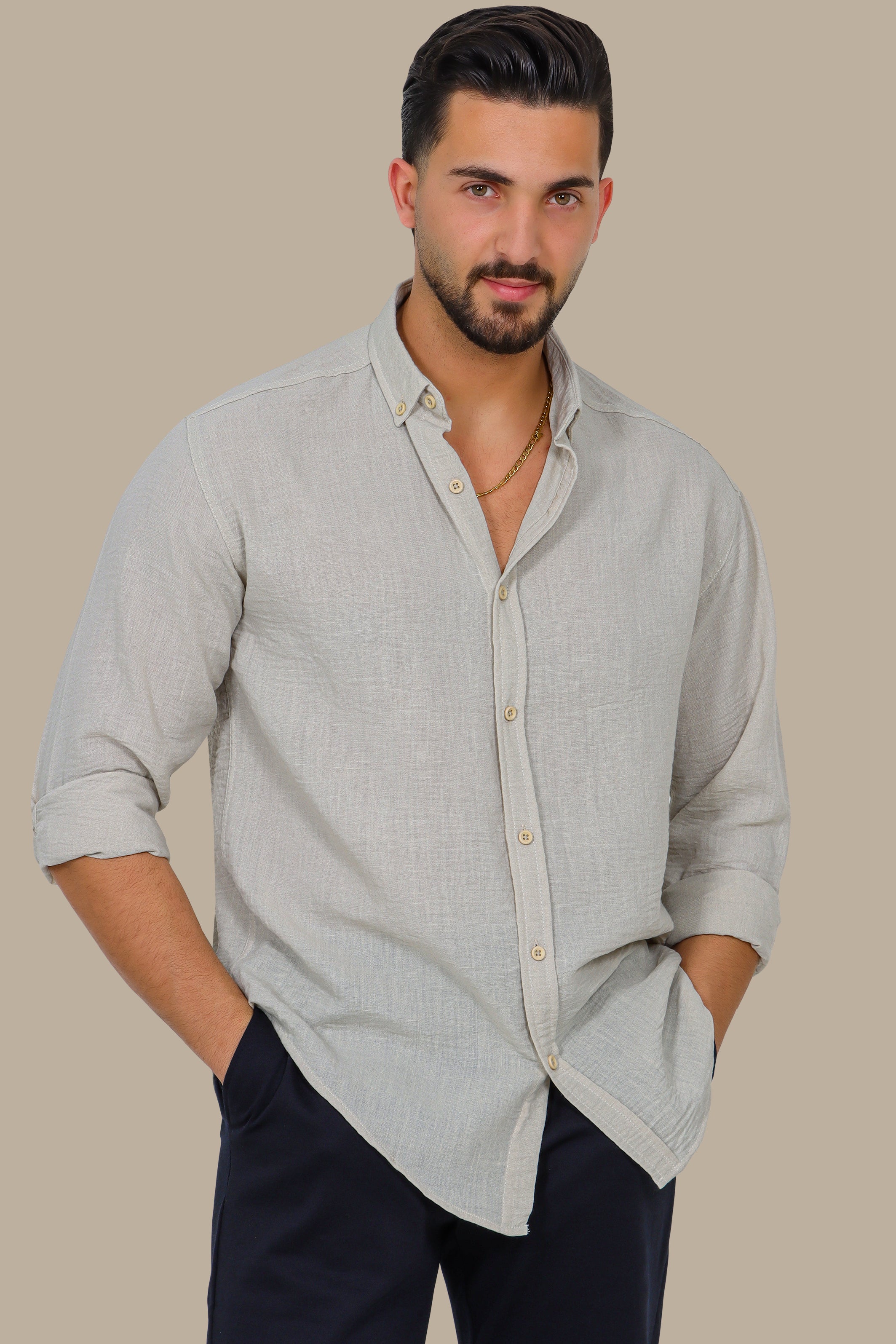 Timeless Elegance: Beige Linen Long Sleeve Button Down