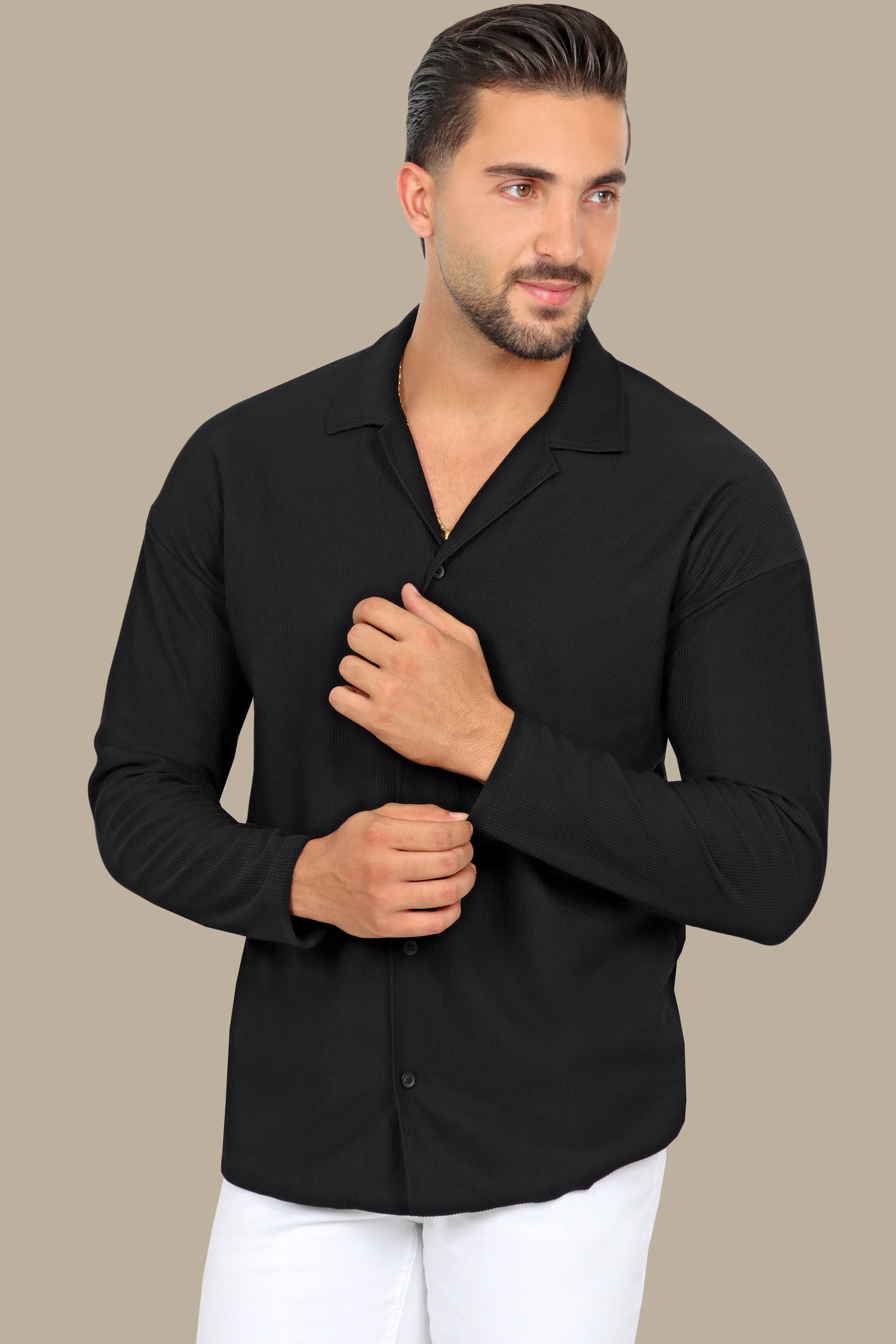 Black Ribbed Plain Shirt