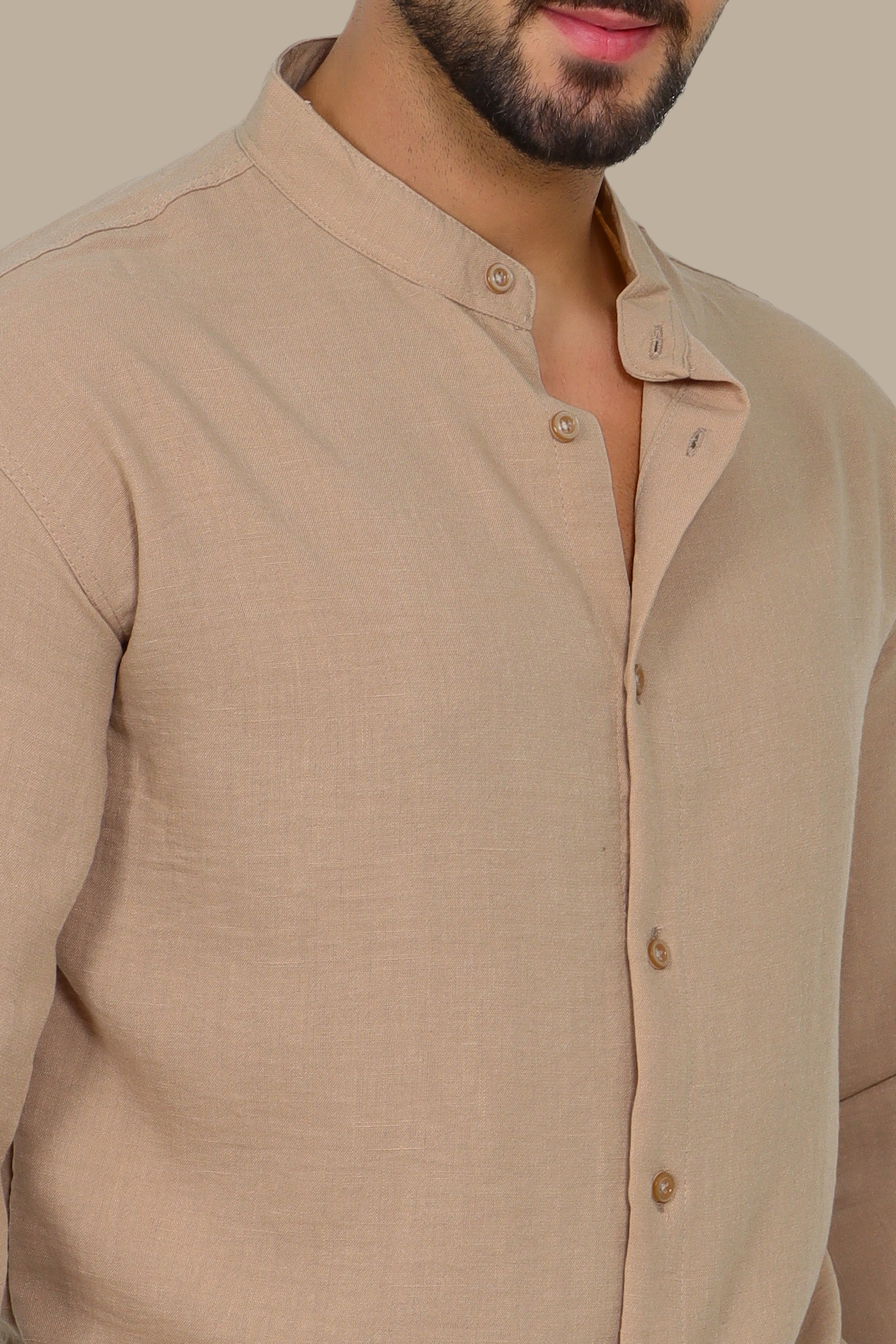 Timeless Ease: Long-Sleeve Linen Button-Down Shirt in Beige