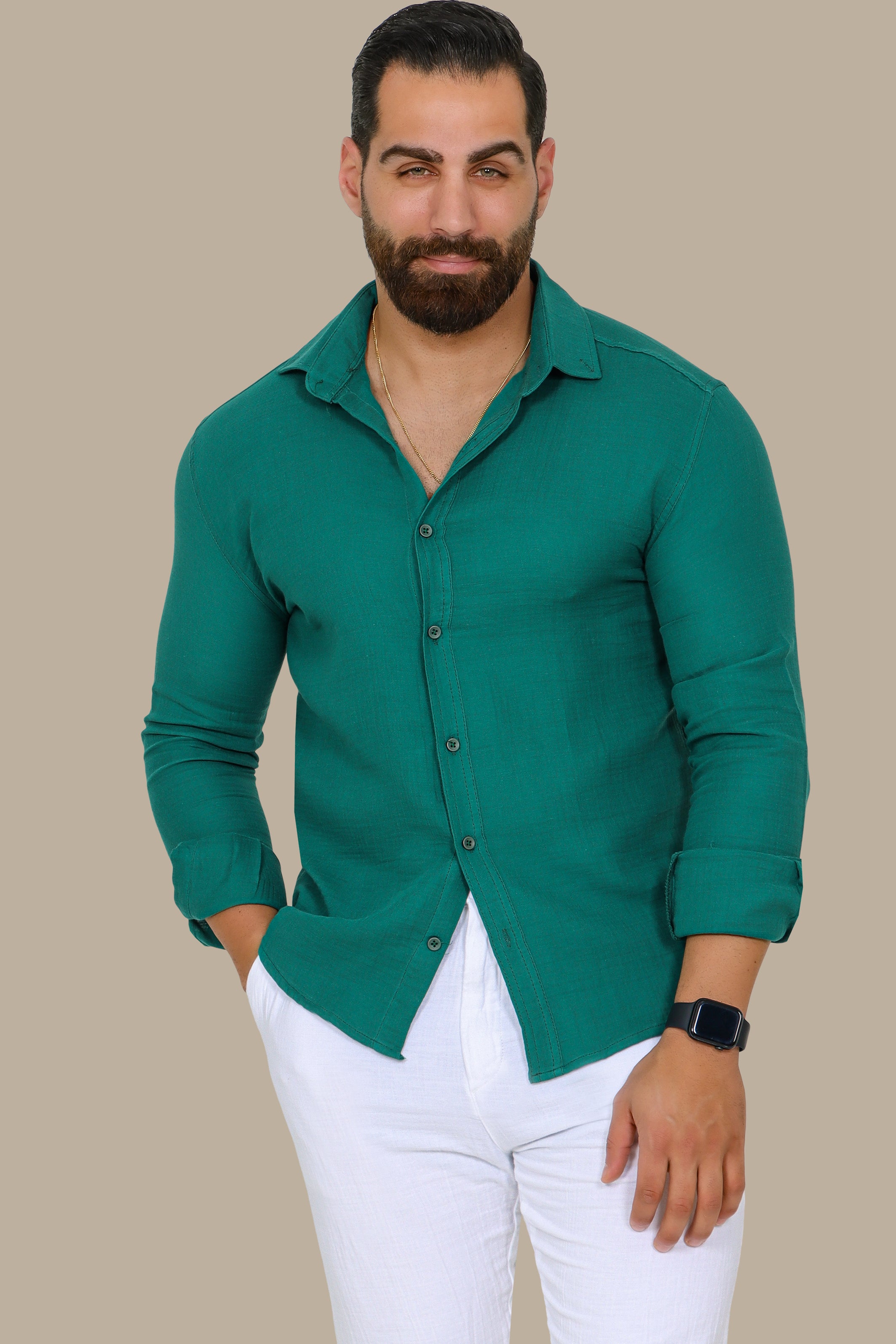 Green Linen Long-Sleeve Button-Down Shirt