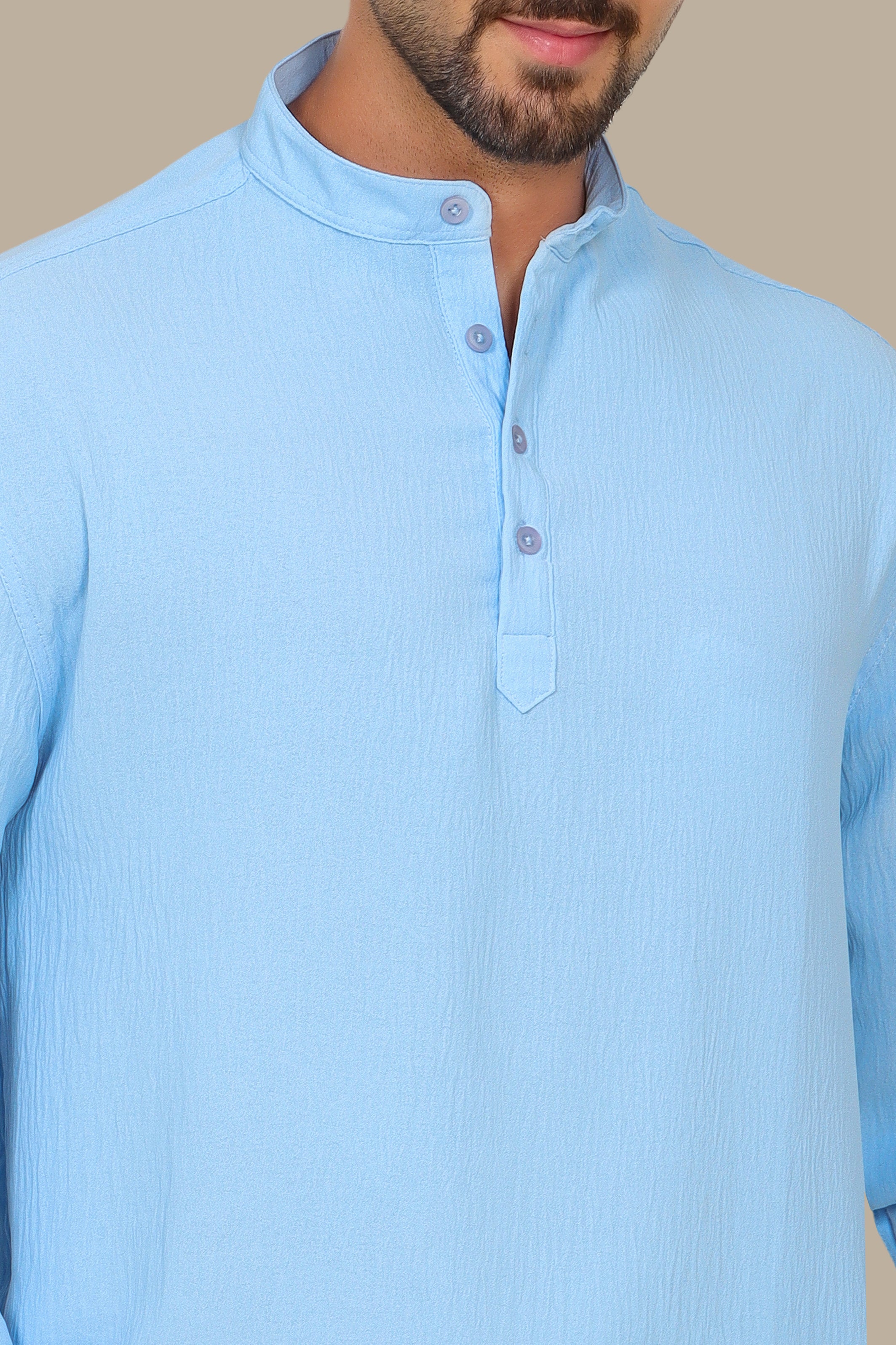 Linen Aerobin Shirt with Chinese Neck Light Blue
