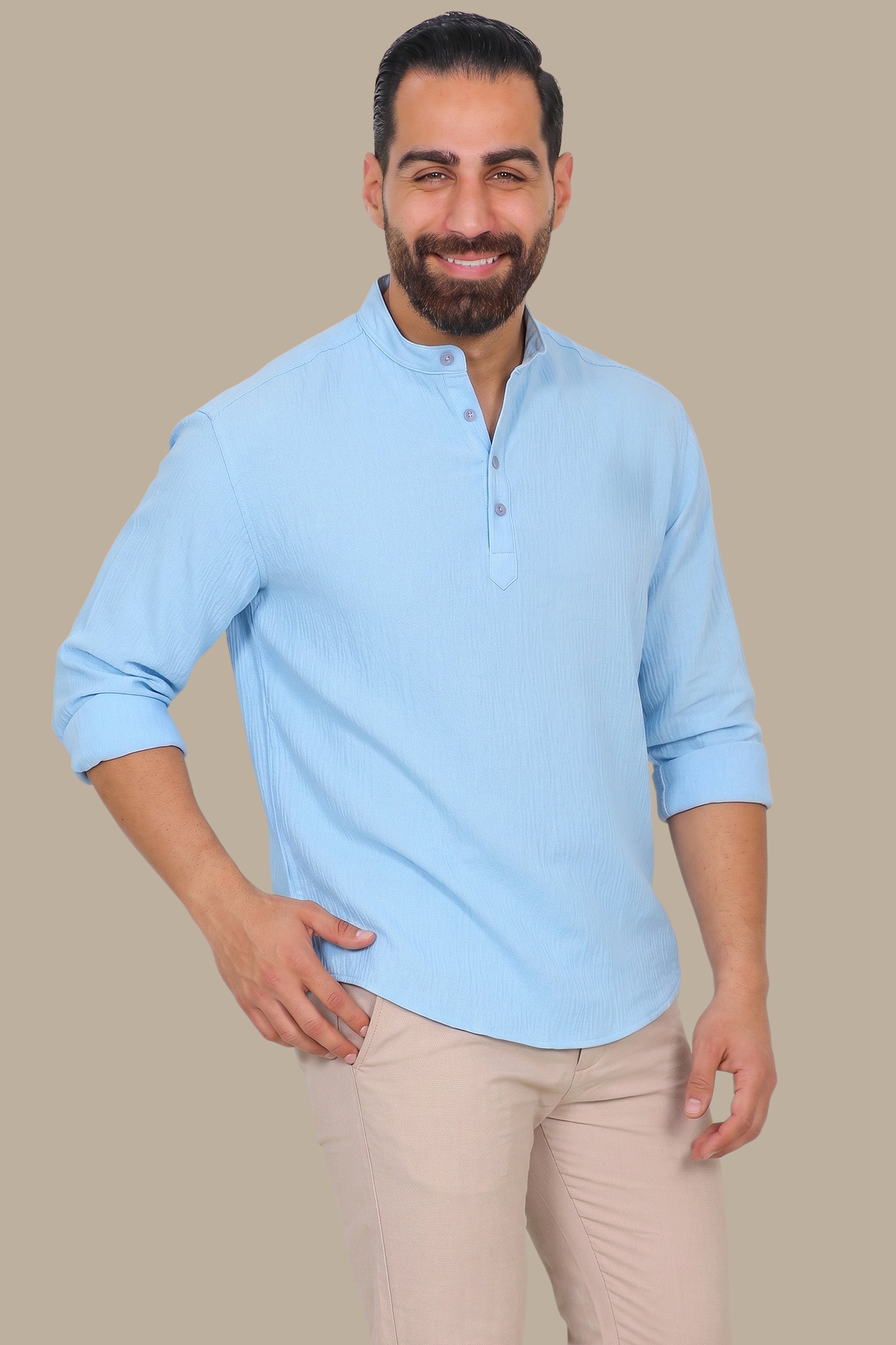 Linen Aerobin Shirt with Chinese Neck Light Blue