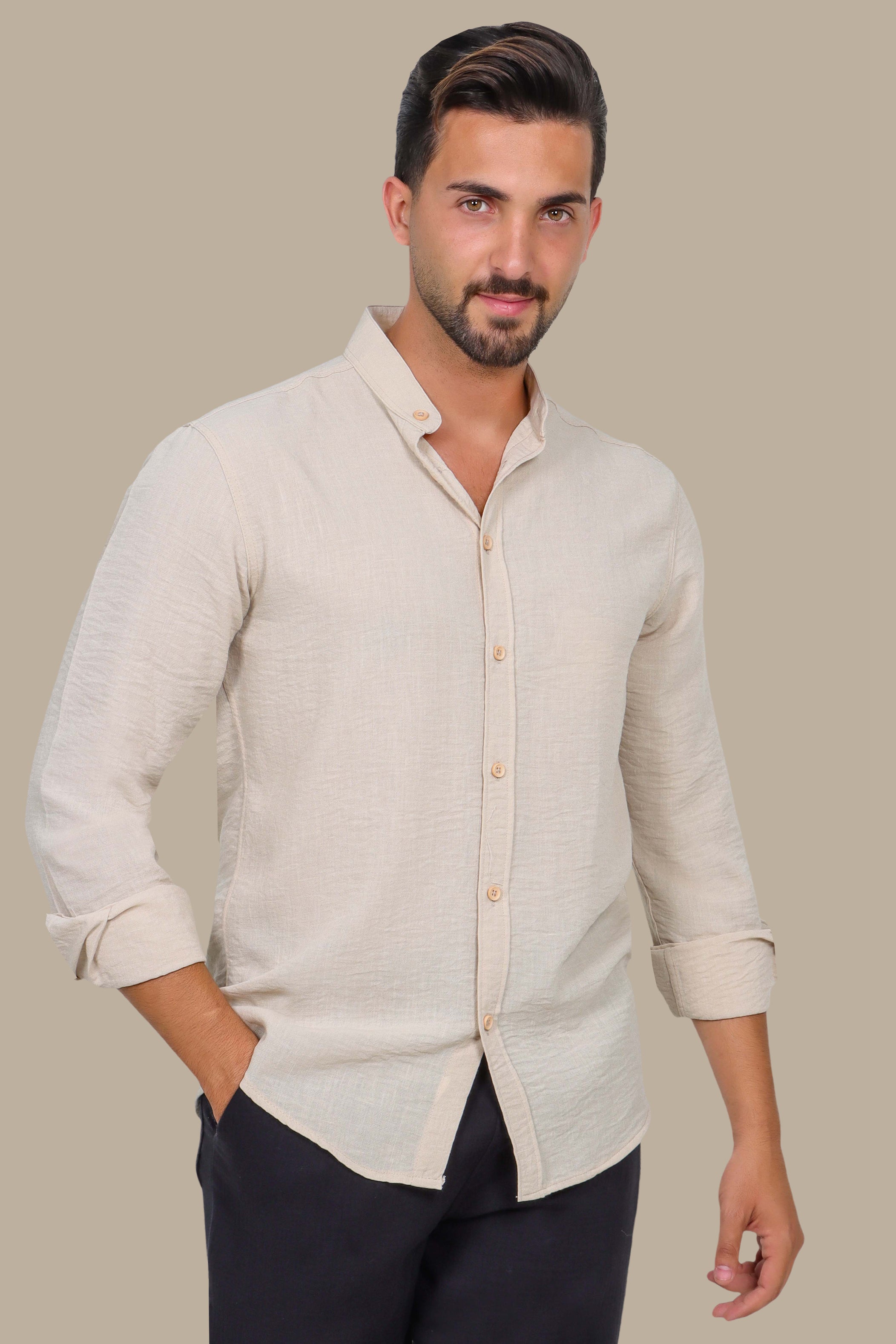 Beige Linen Aerobin Shirt with Mao Collar