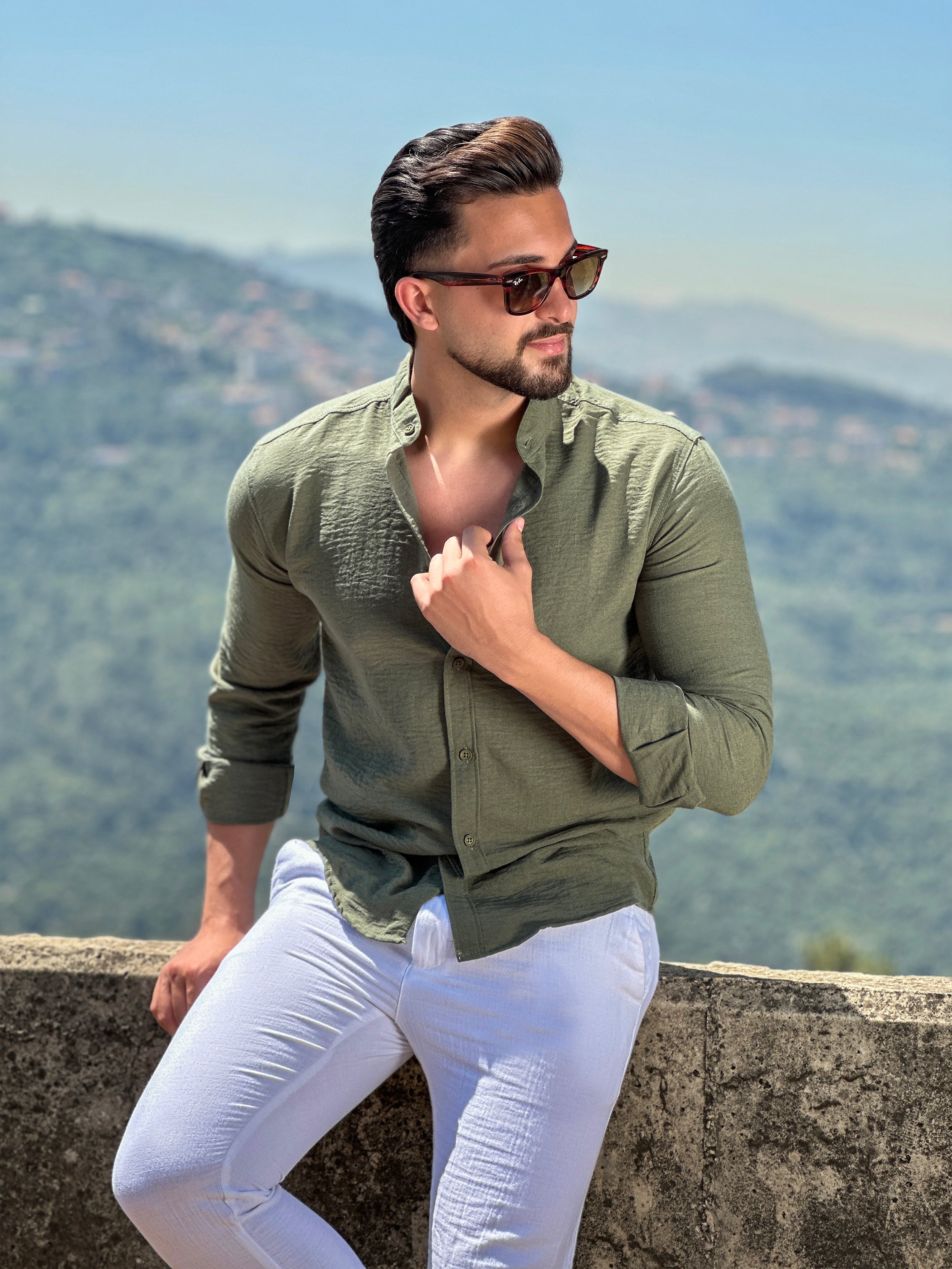 Khaki Linen Aerobin Shirt with Mao Collar