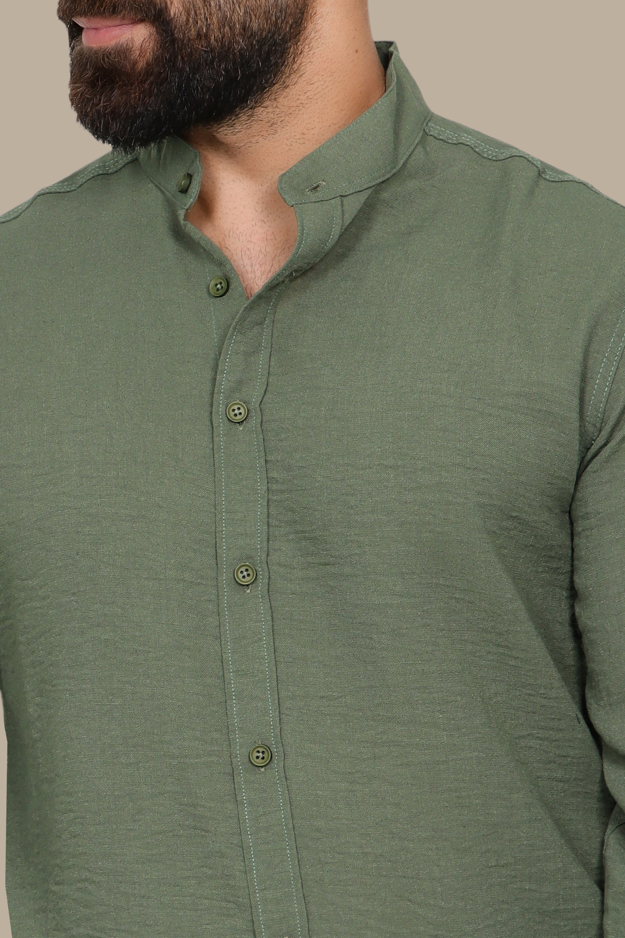 Khaki Linen Aerobin Shirt with Mao Collar