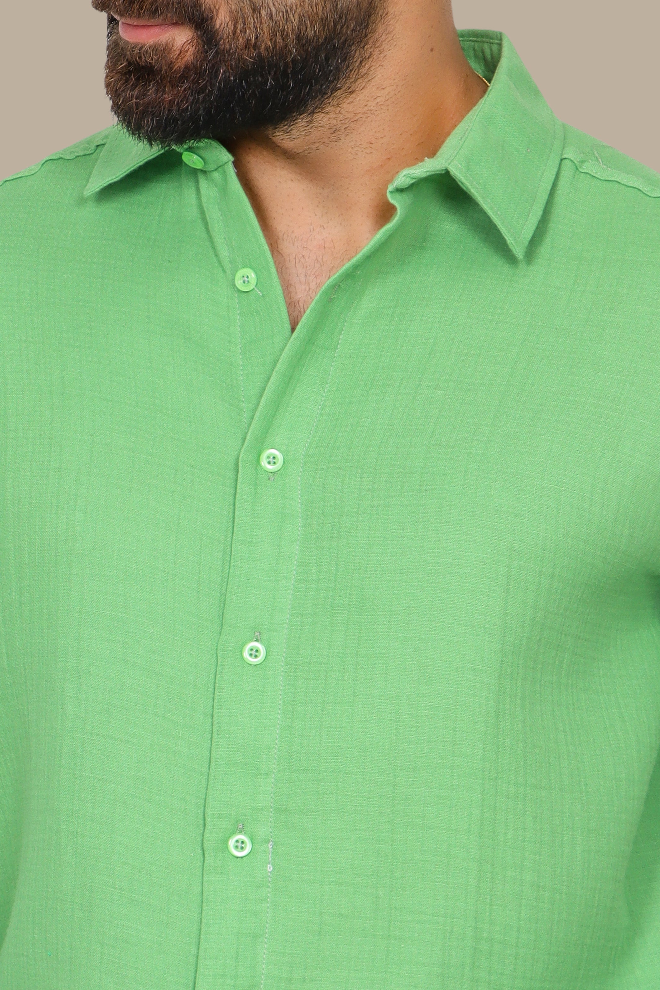 Green Plain Linen Long Sleeve Shirt