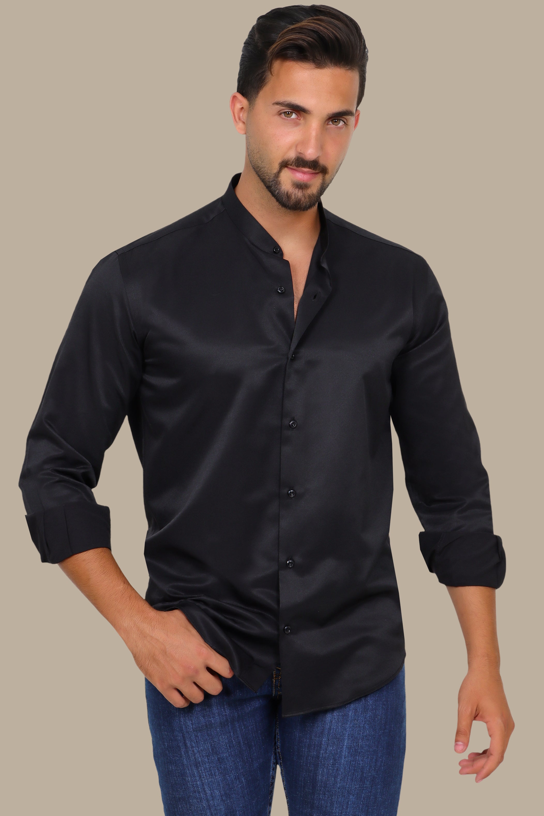 Black Poplin Slim Shirt with Mao Collar