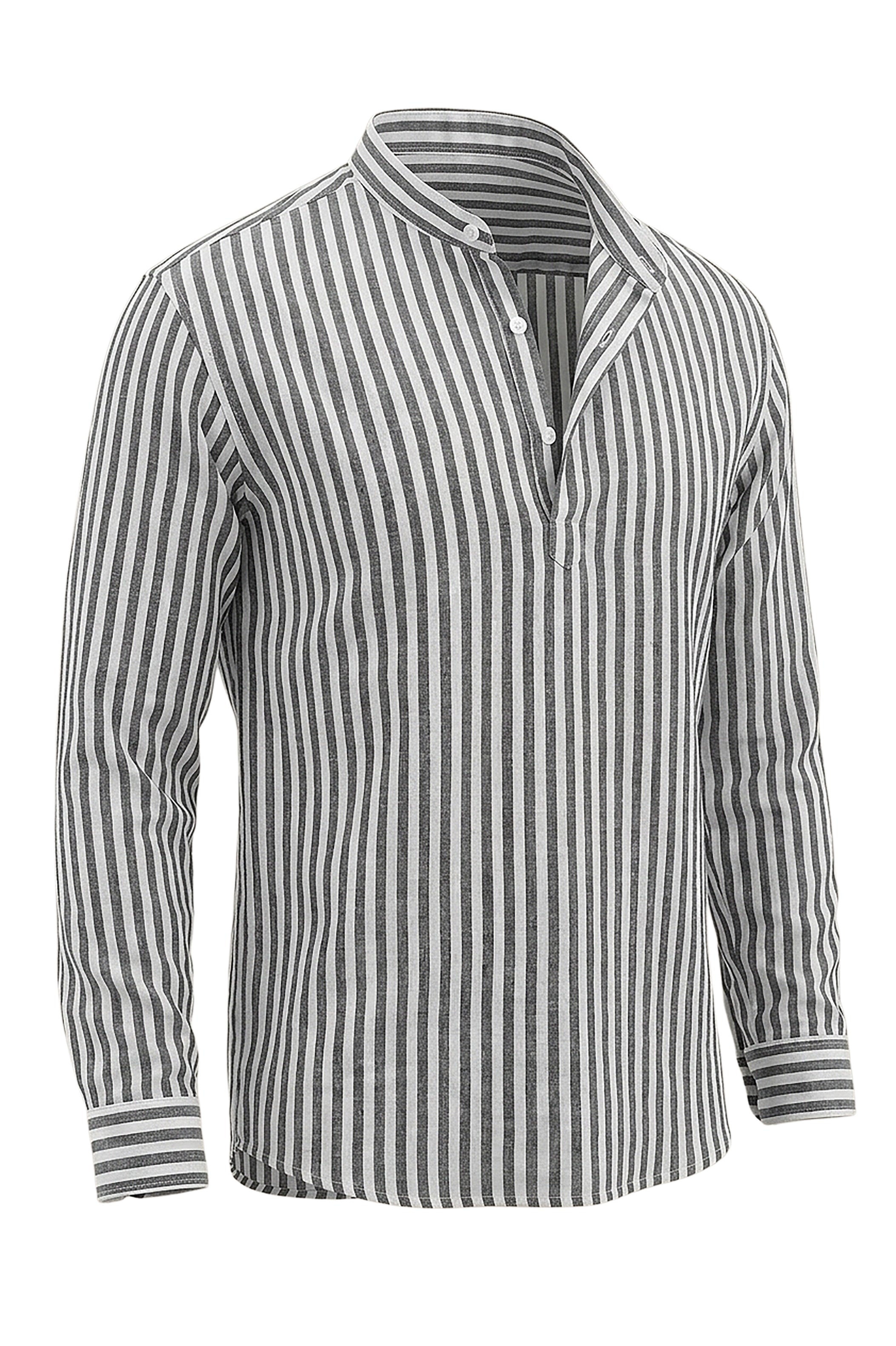 Grey Striped Shirt with Chinese Collar