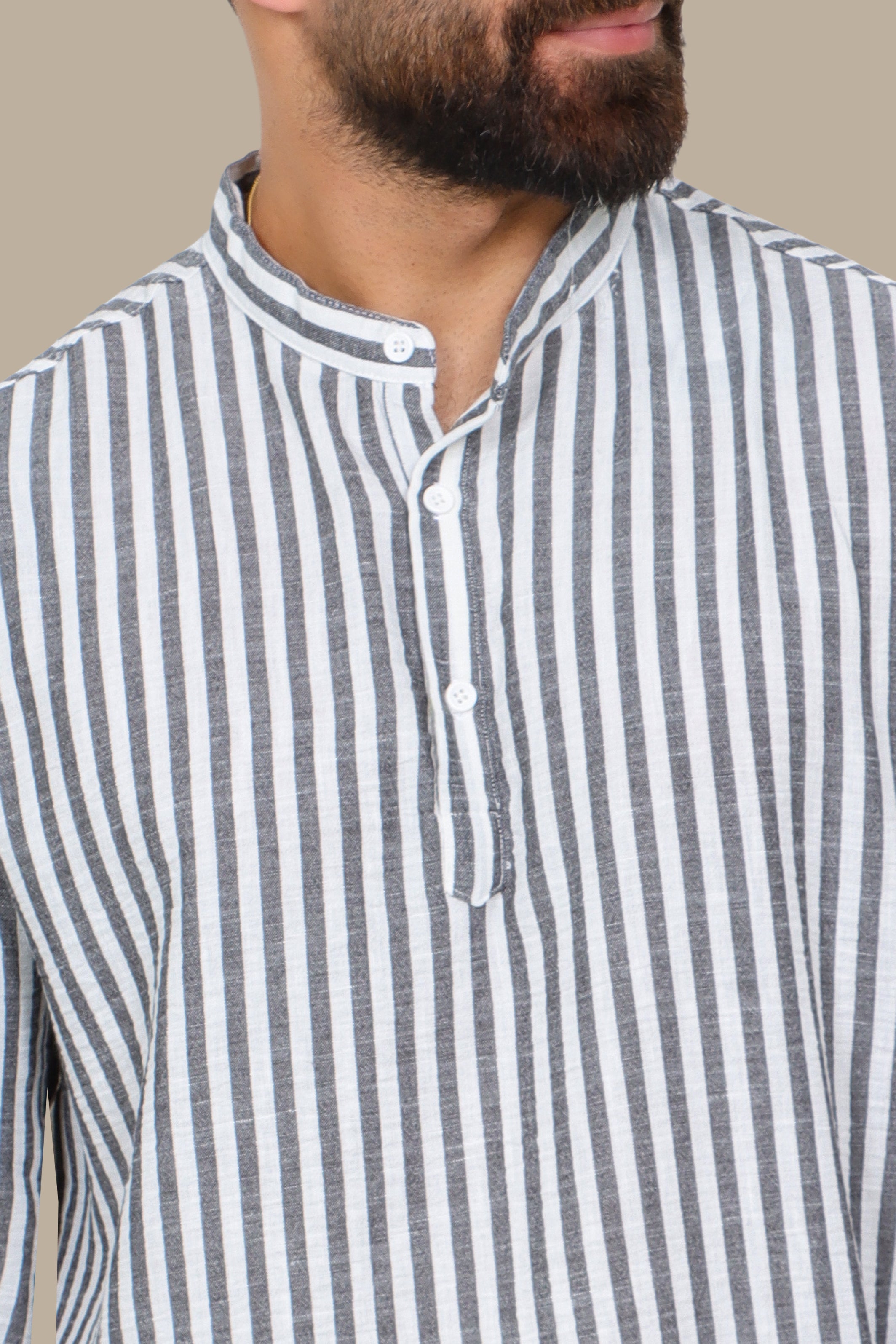 Grey Striped Shirt with Chinese Collar