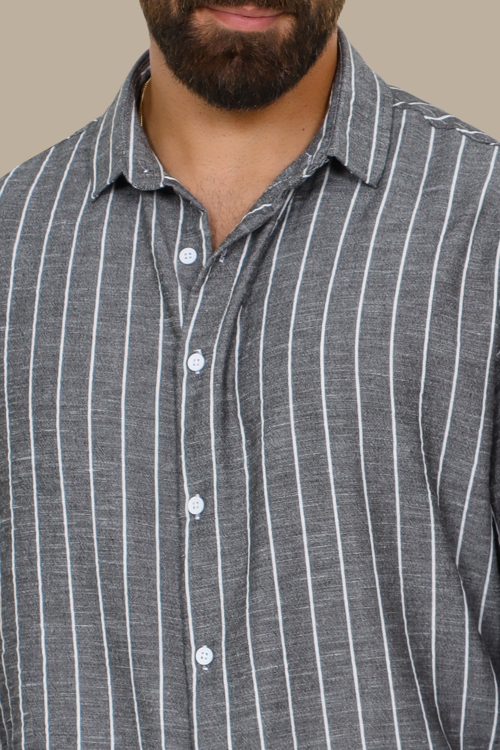 Grey Striped Linen Shirt with Long Sleeves