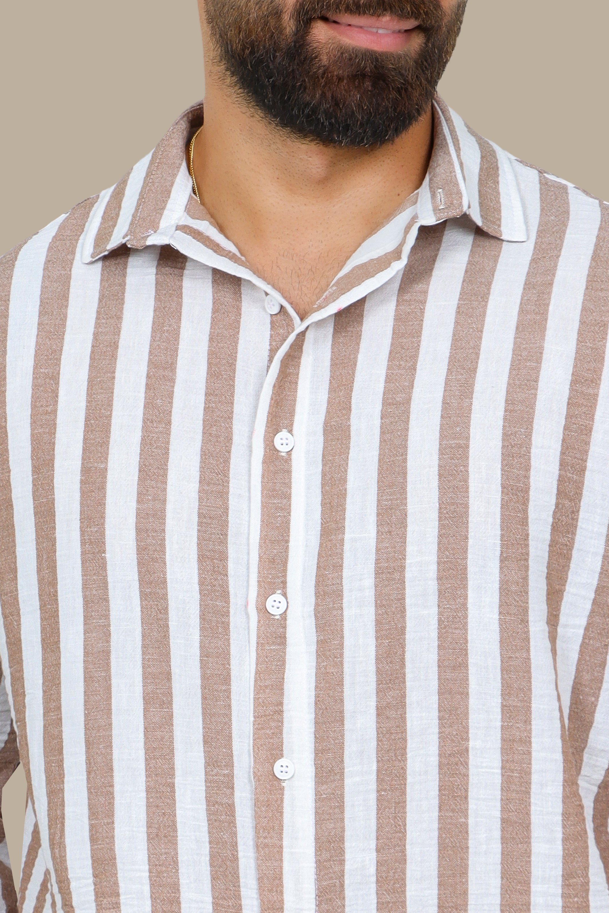 Brown Striped Linen Shirt with Long Sleeves
