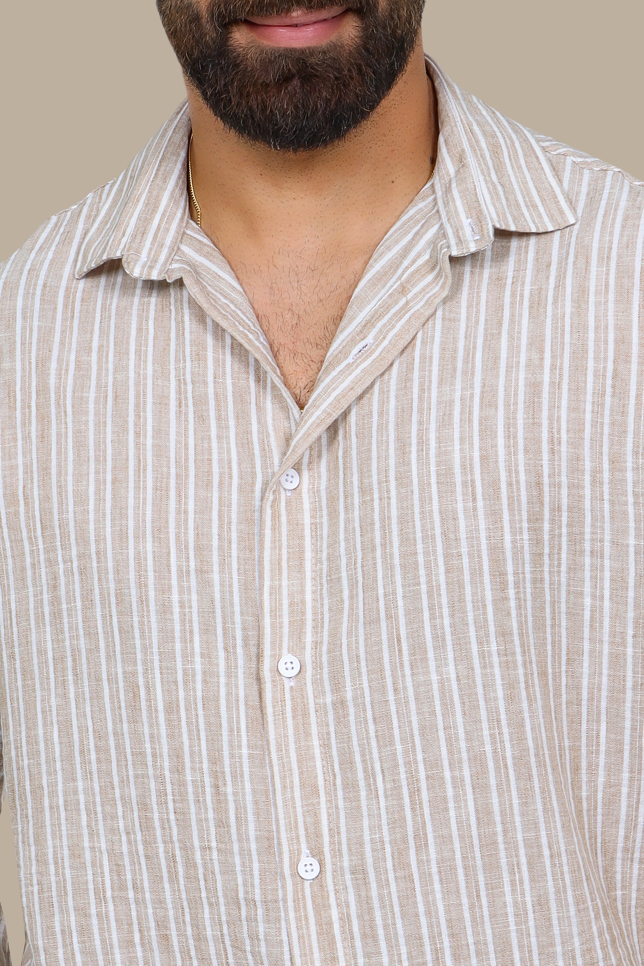 Beige Linen Shirt with Double Stripes