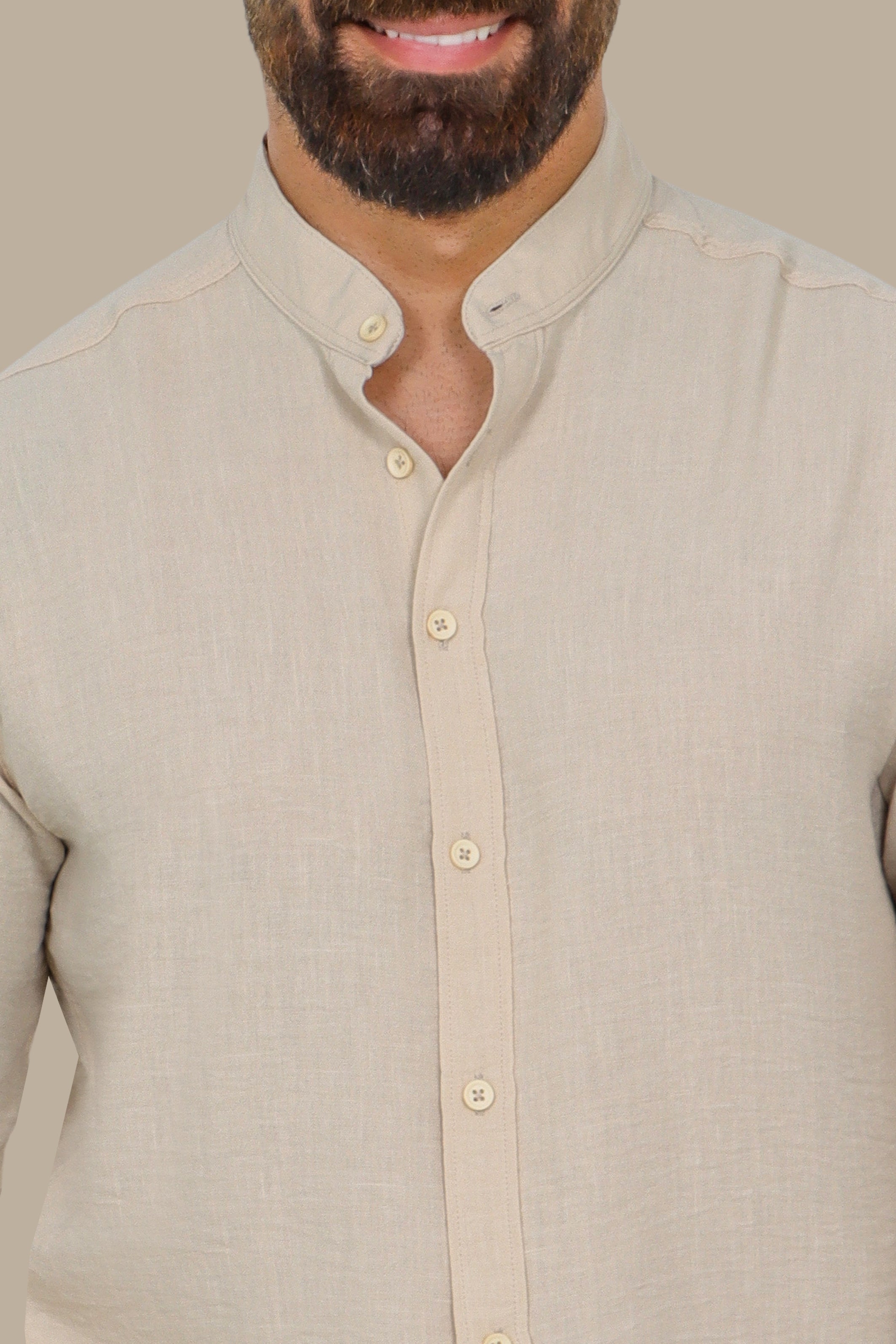Beige Linen Aerobin Shirt with Mao Collar