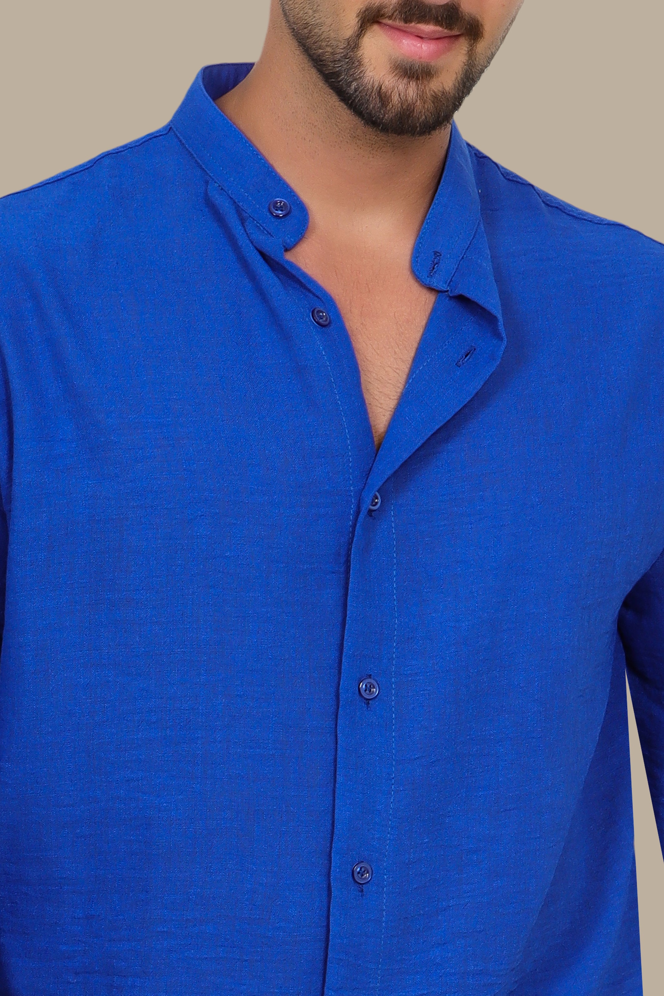 Linen Aerobin Shirt with Mao Collar Blue