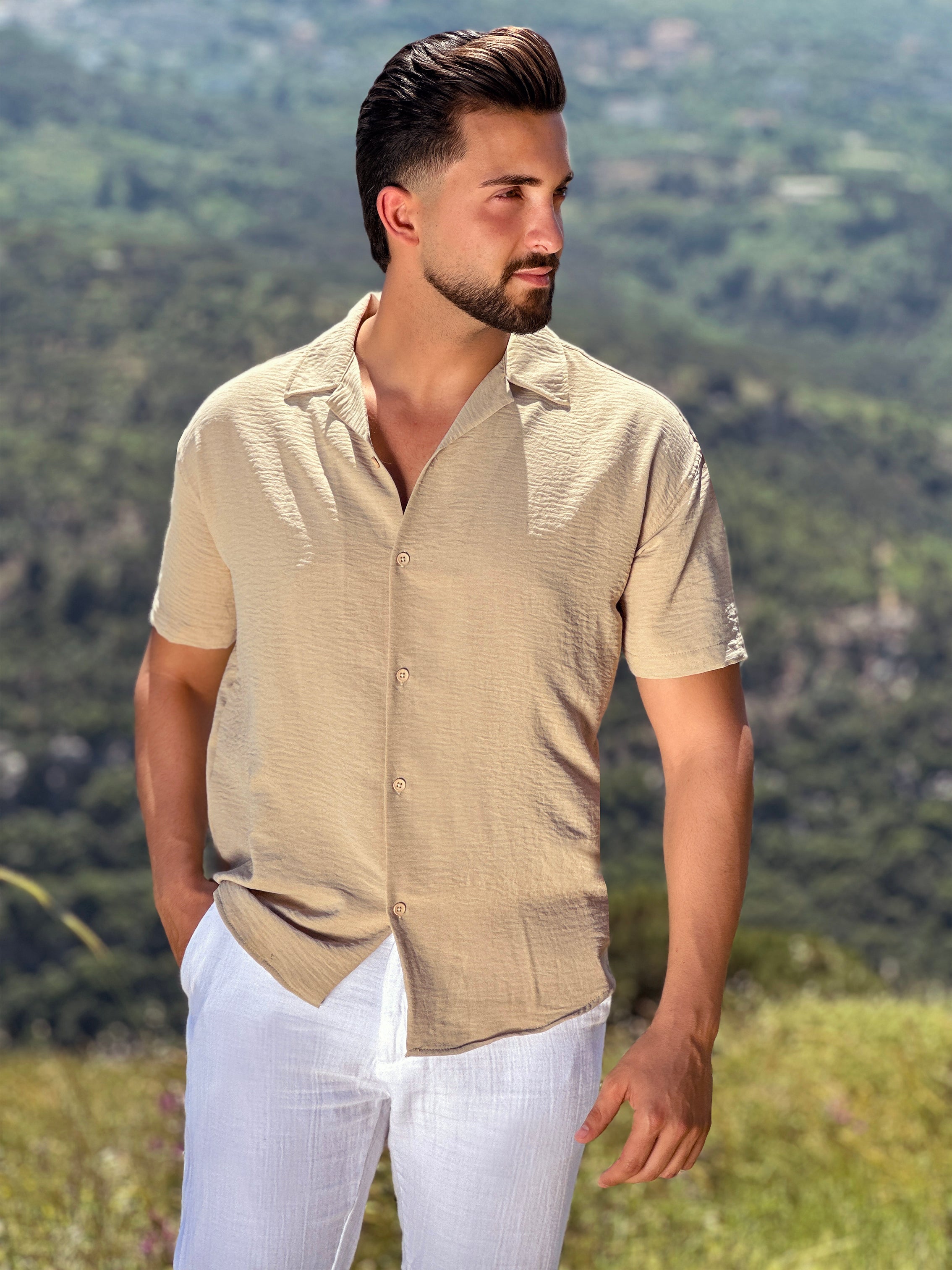 Beige Linen Shirt with Short Sleeves in Aerobin Fabric