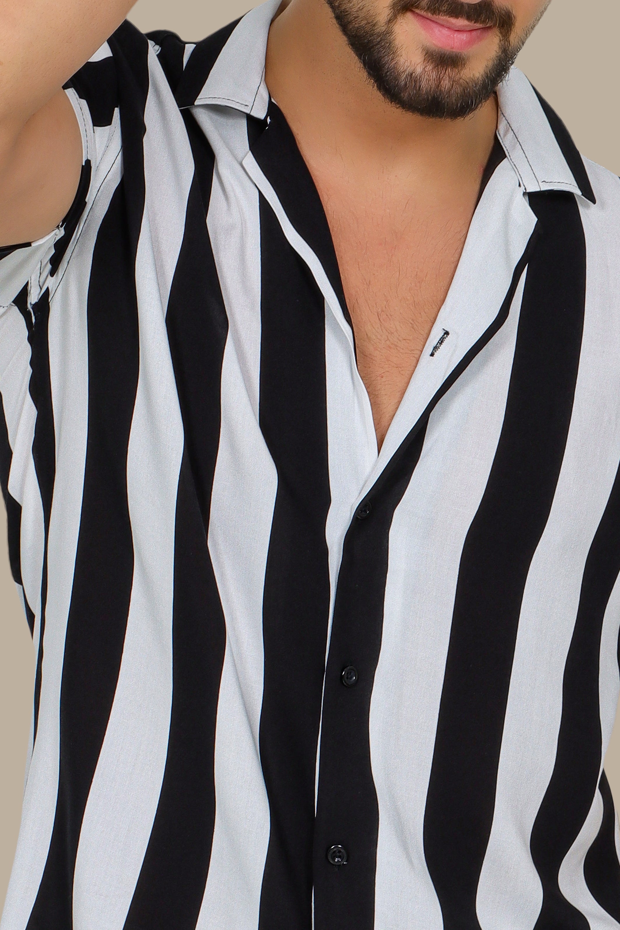 Striking Contrast: Black & White Striped Short-Sleeve Shirt