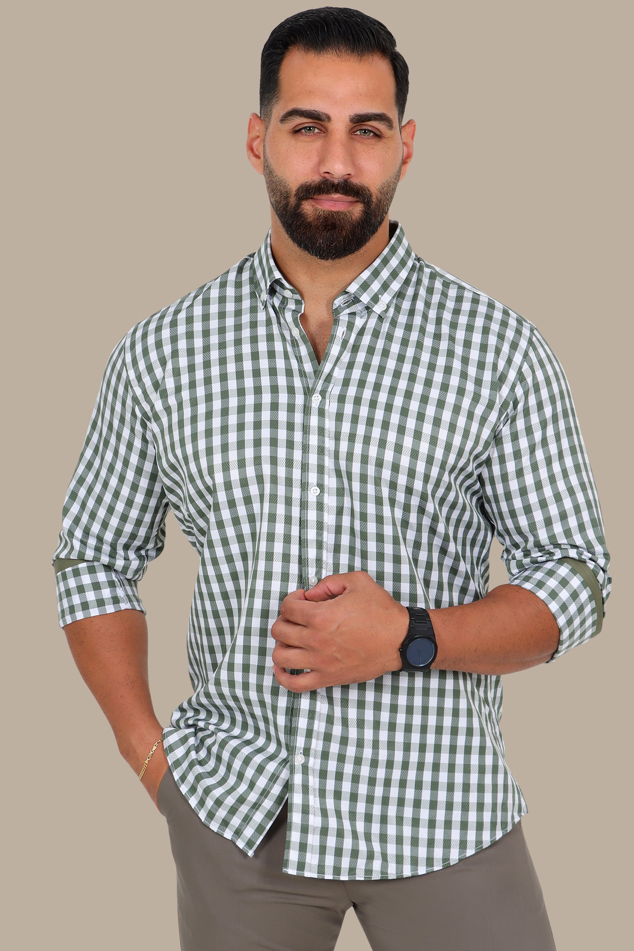 Khaki Gingham Button-Down Shirt