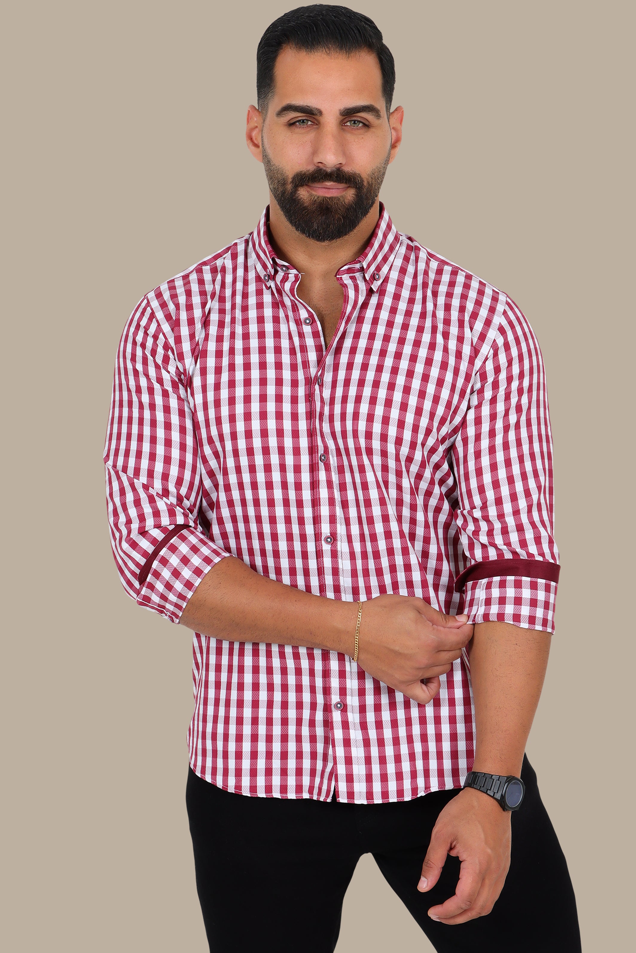 Burgundy Gingham Button-Down Shirt