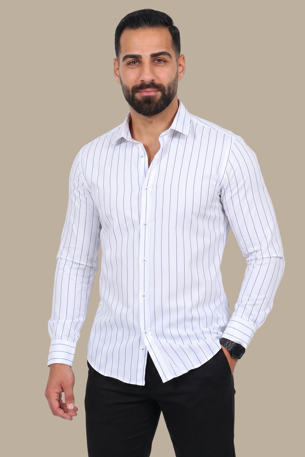 White Shirt with Navy Thin Stripes