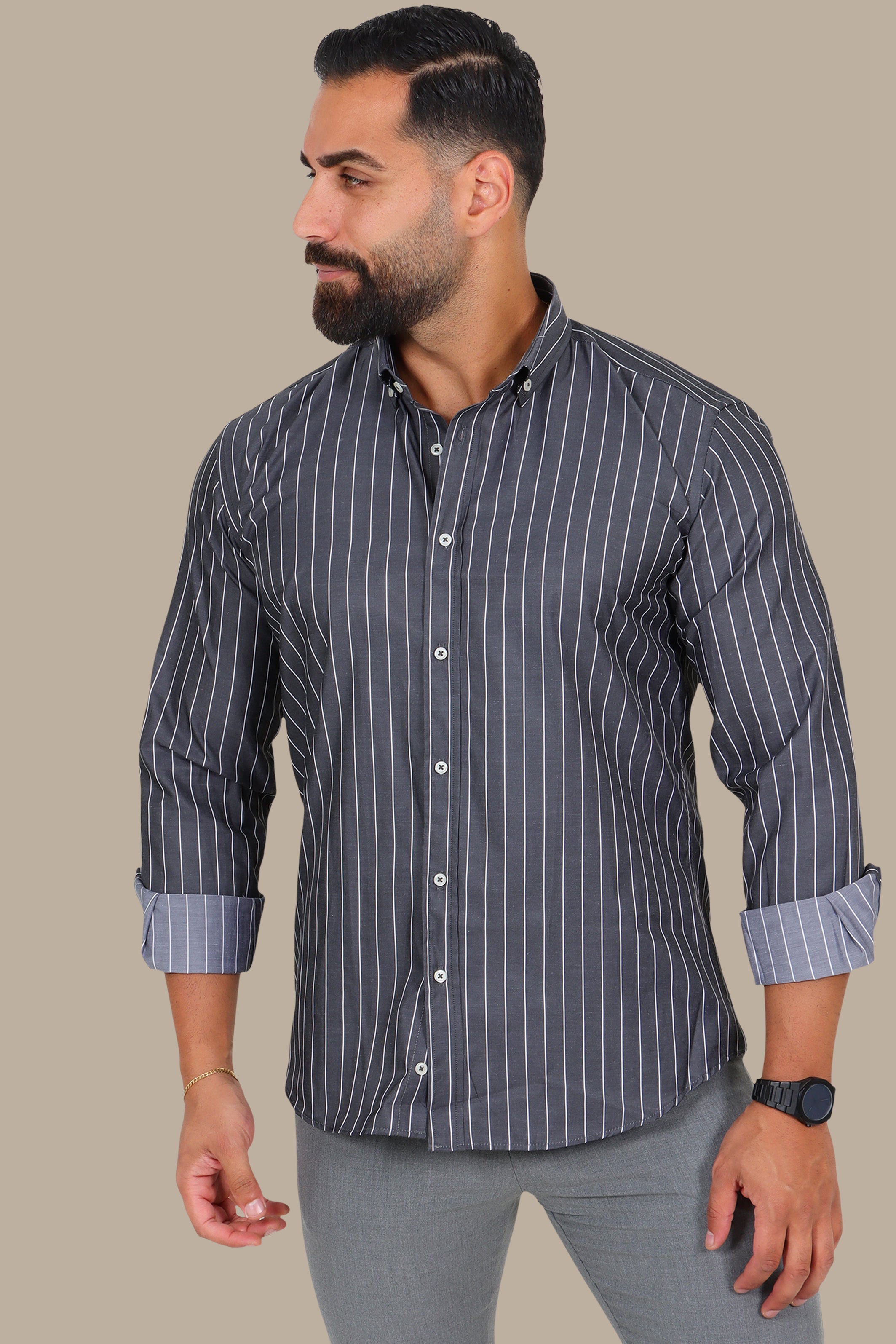 Dark Grey Thin-Striped Button-Down Shirt