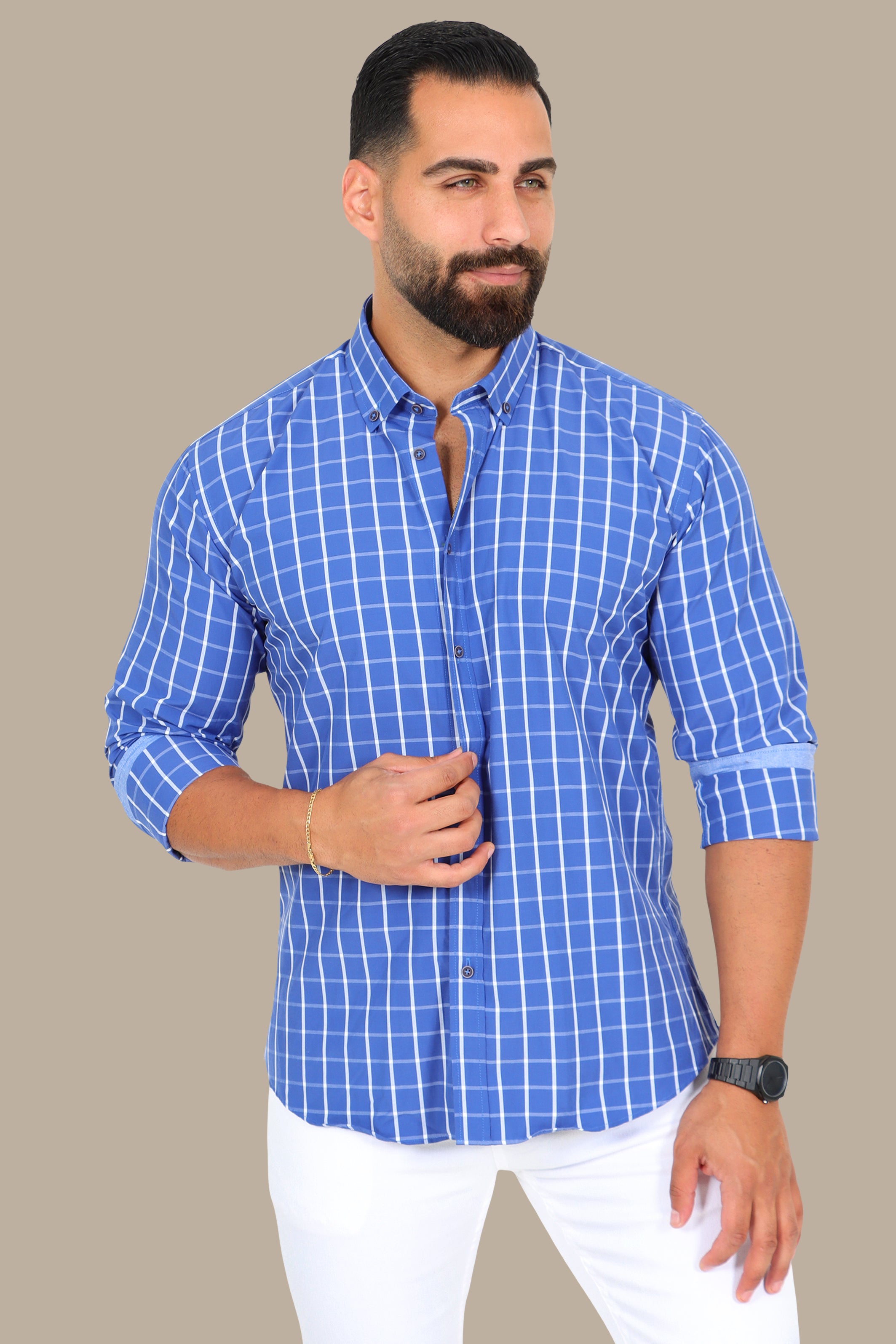 Blue Medium-Check Button-Down Shirt