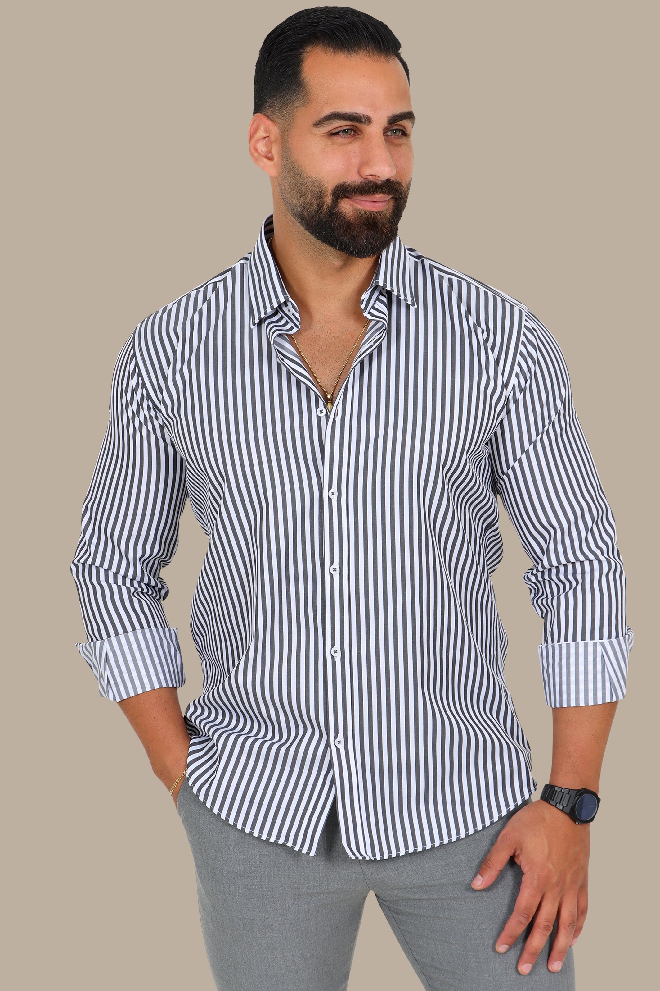 Med Classic Pinstripe Shirt in Dark Grey