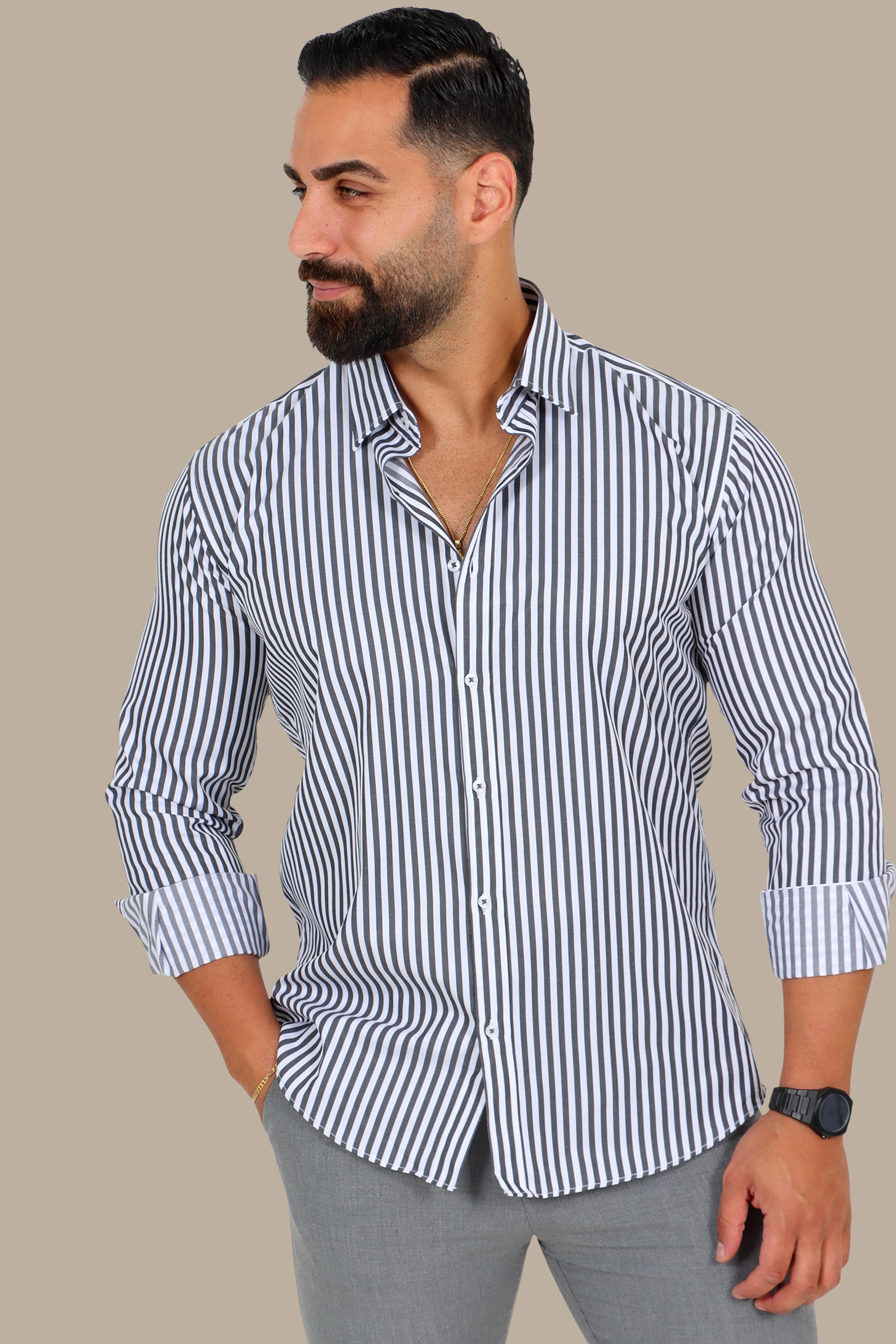 Med Classic Pinstripe Shirt in Dark Grey