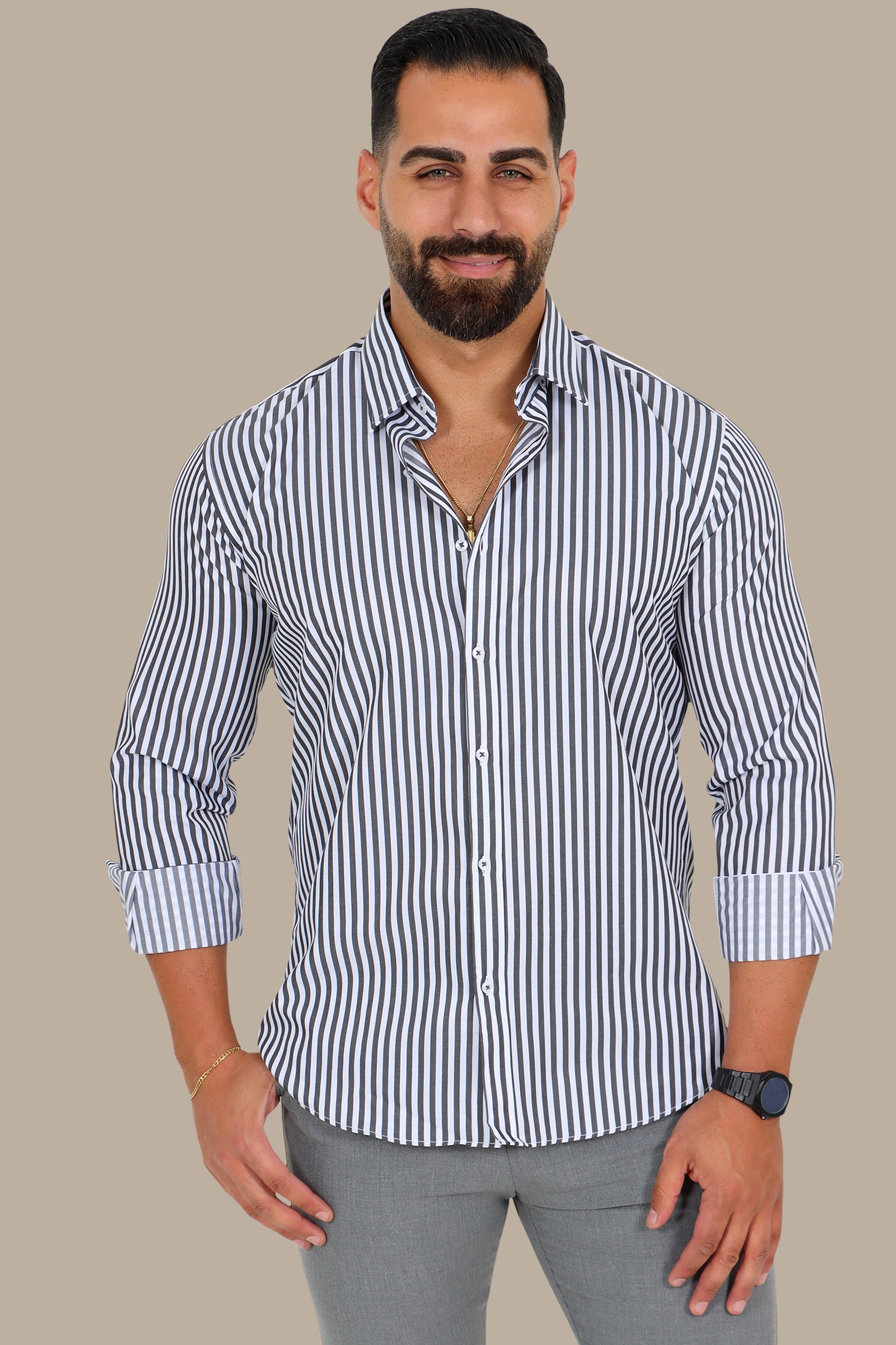 Med Classic Pinstripe Shirt in Dark Grey