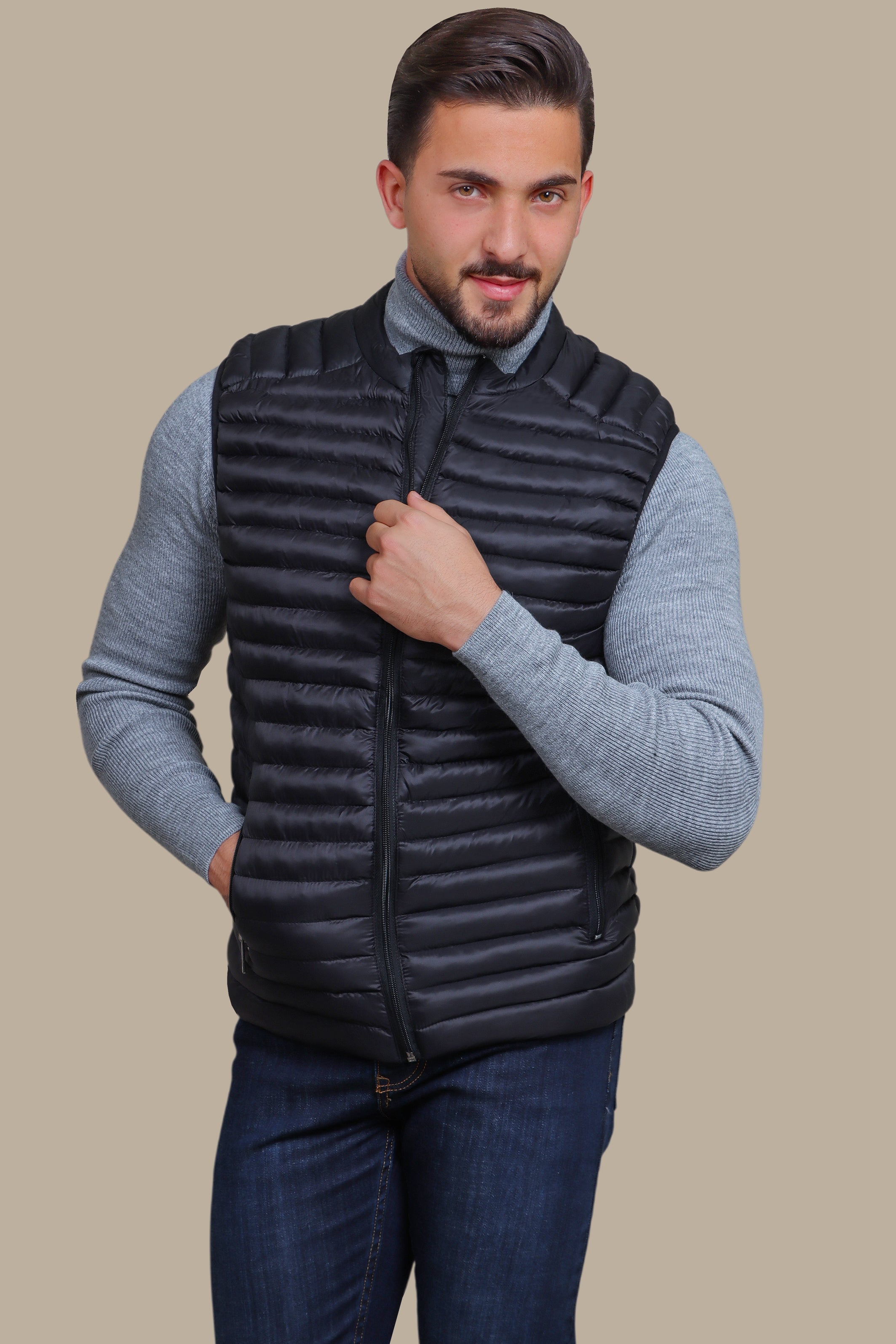 Nocturnal Trek: Black Padded Puffer Vest for Urban Explorations