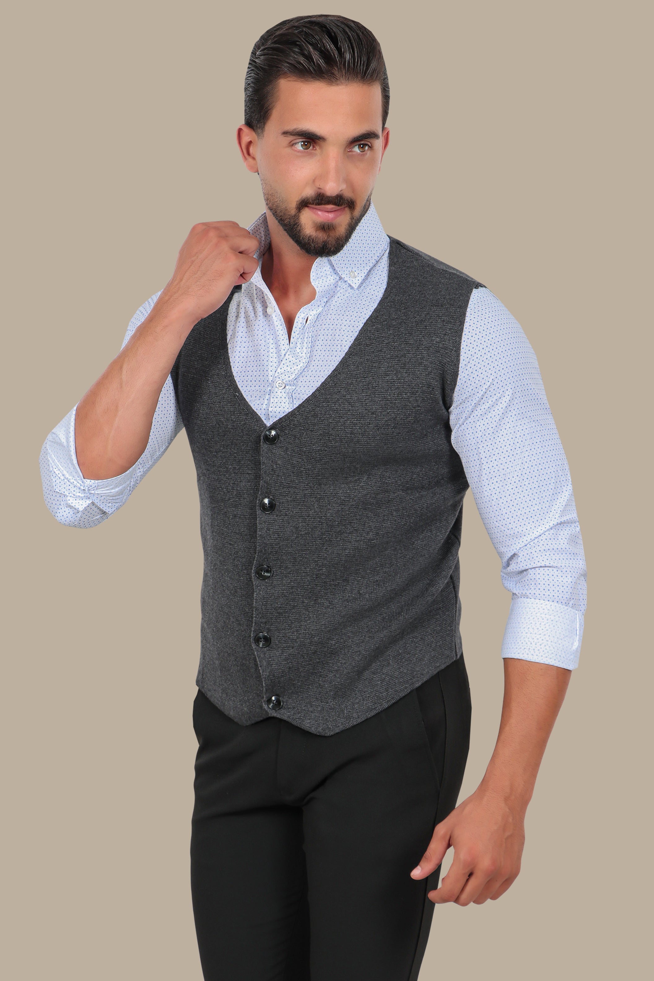 Dark Grey Cotton Casual Vest with 5 Buttons