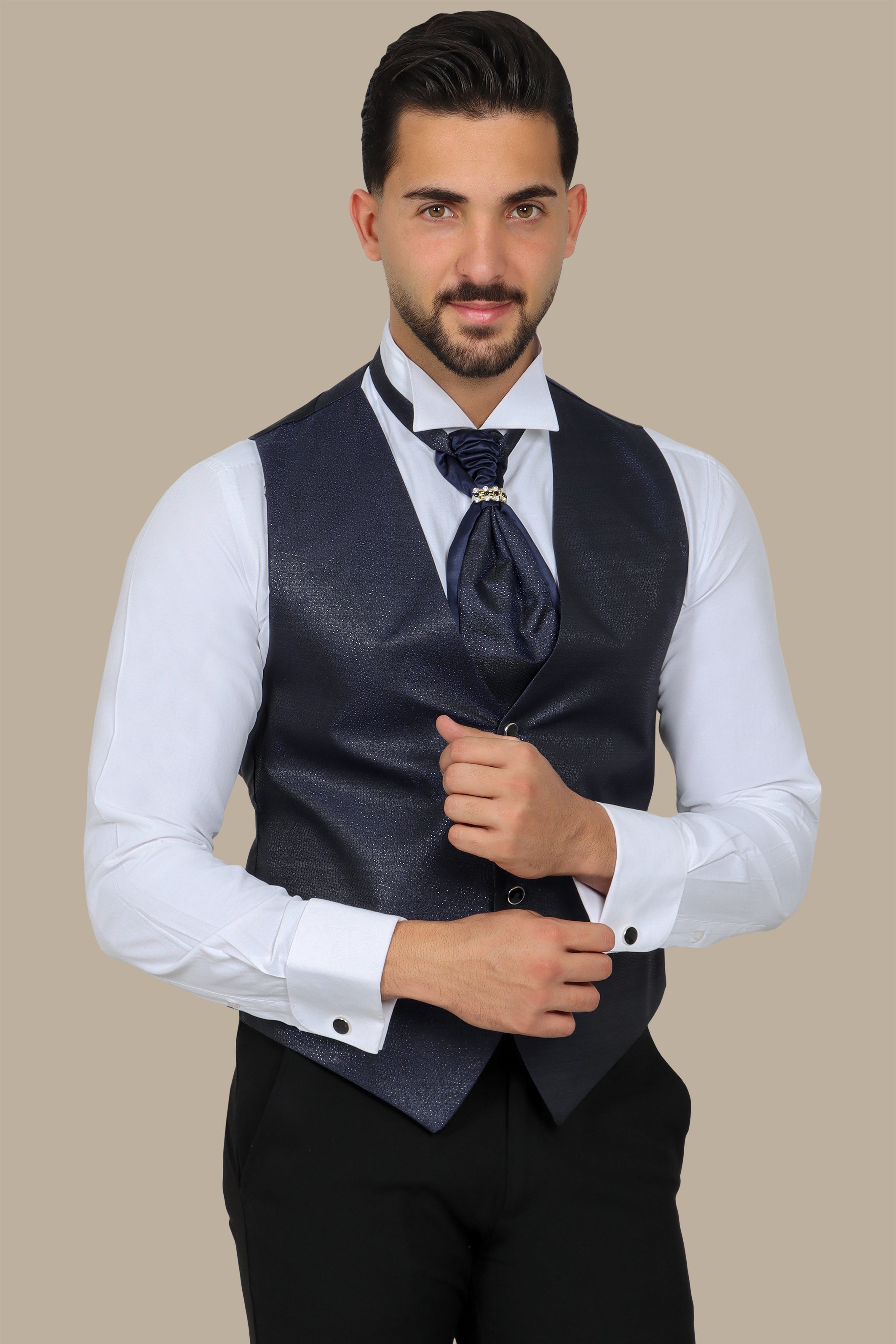 Navy Glitter Pattern Vest 2-Piece Set