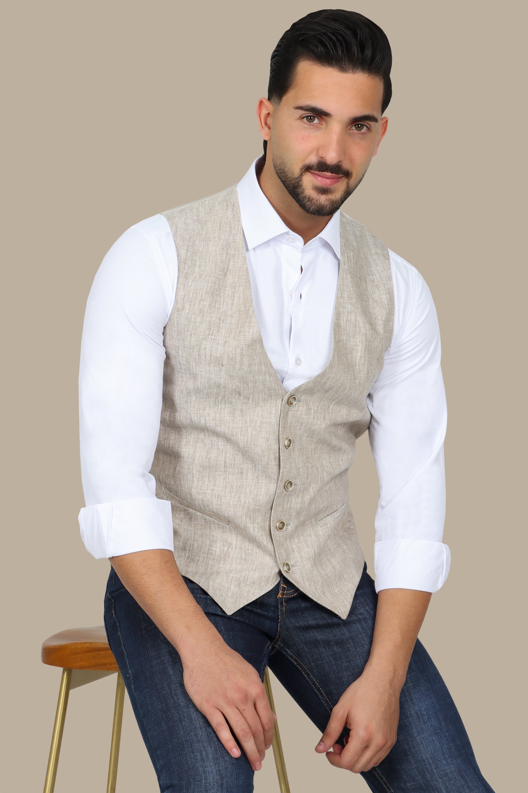 Beige Linen V-Neck Vest
