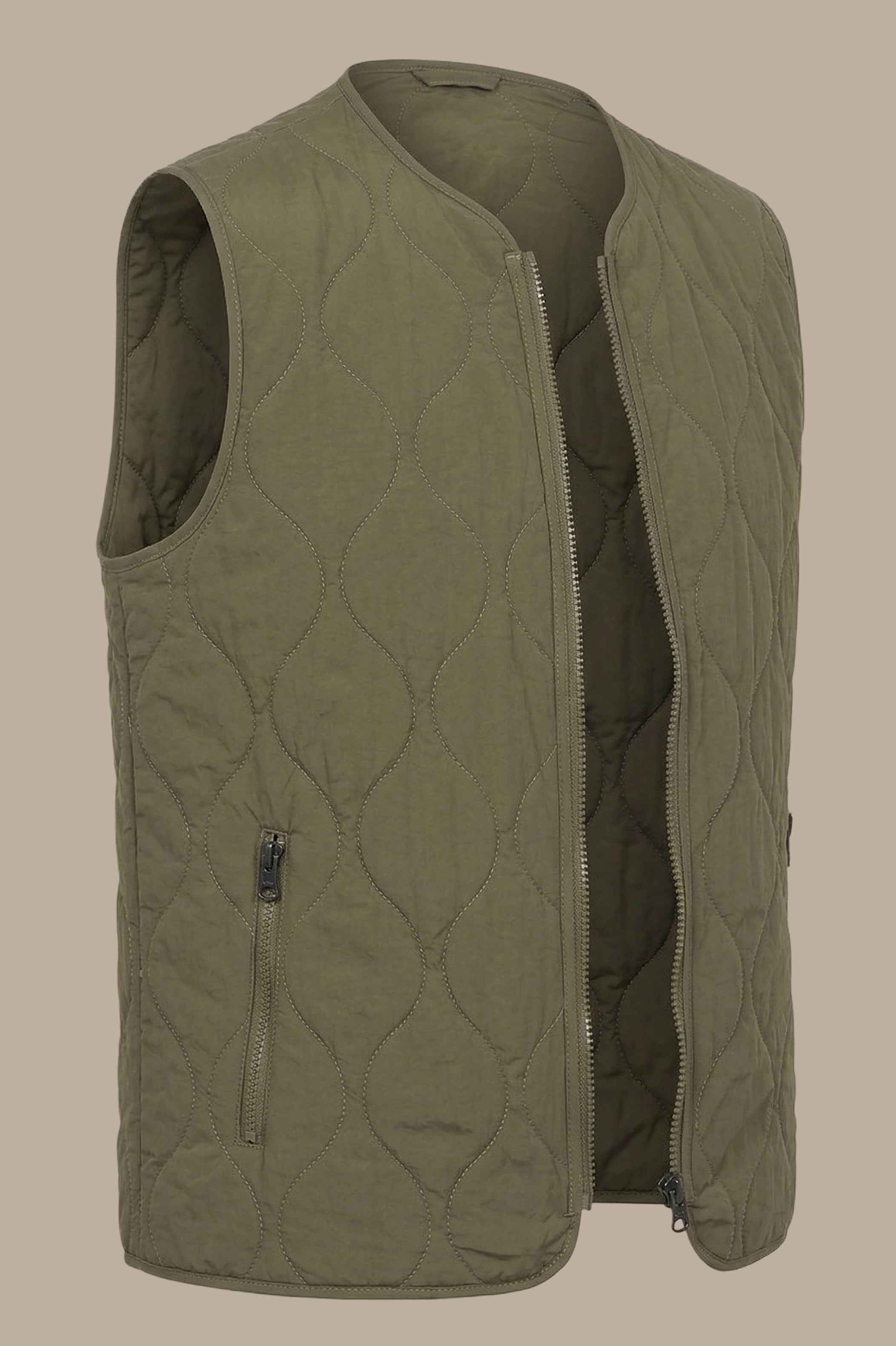 Khaki Puffer Vest with Wavy Stitch