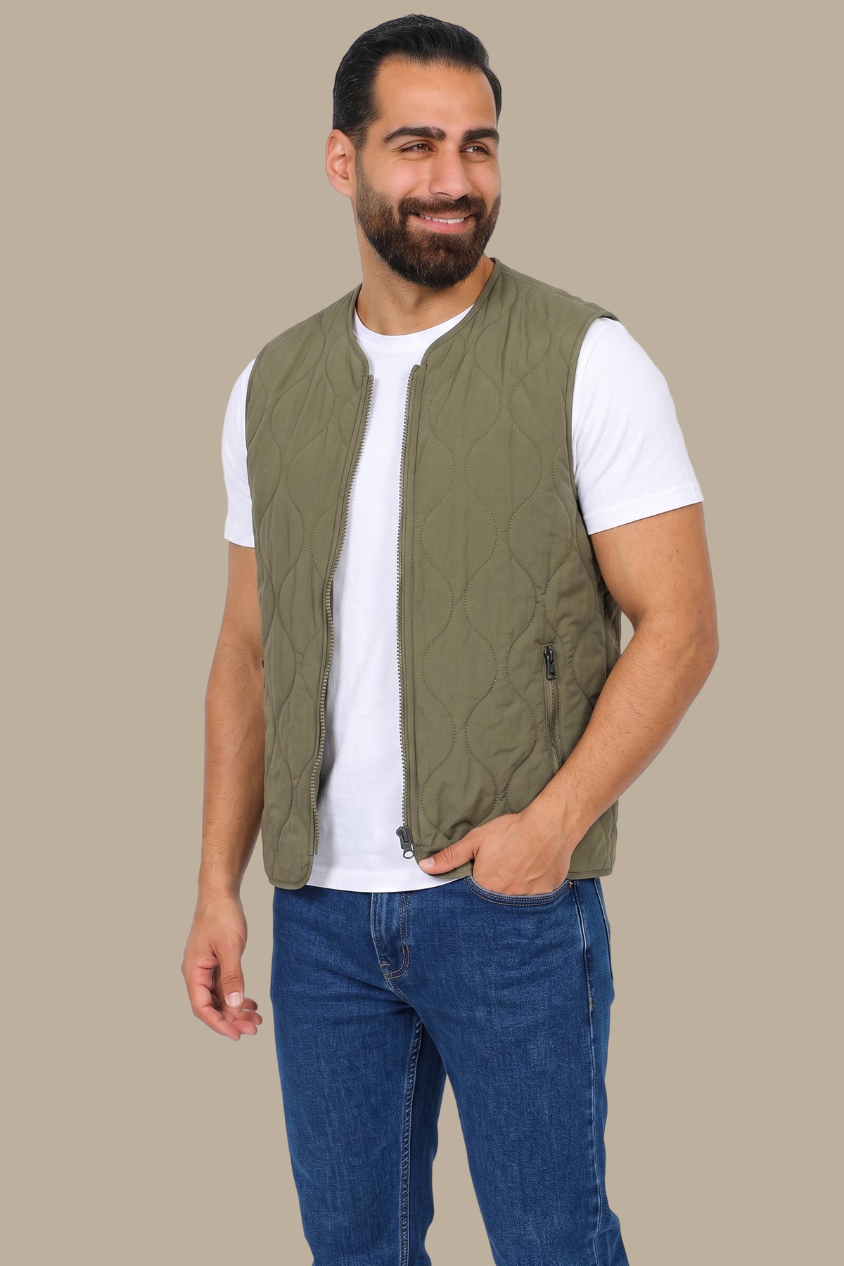 Khaki Puffer Vest with Wavy Stitch