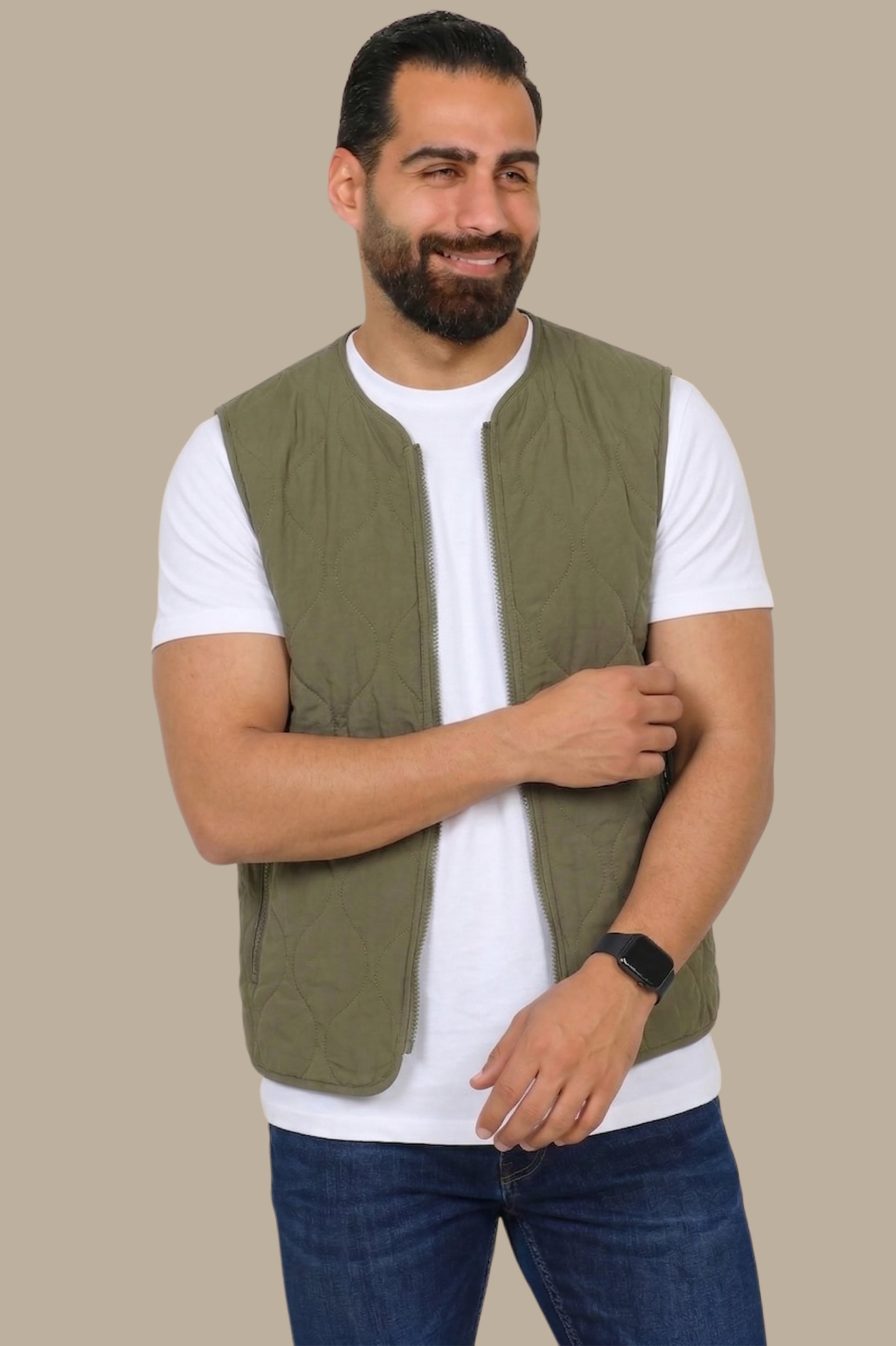 Khaki Puffer Vest with Wavy Stitch