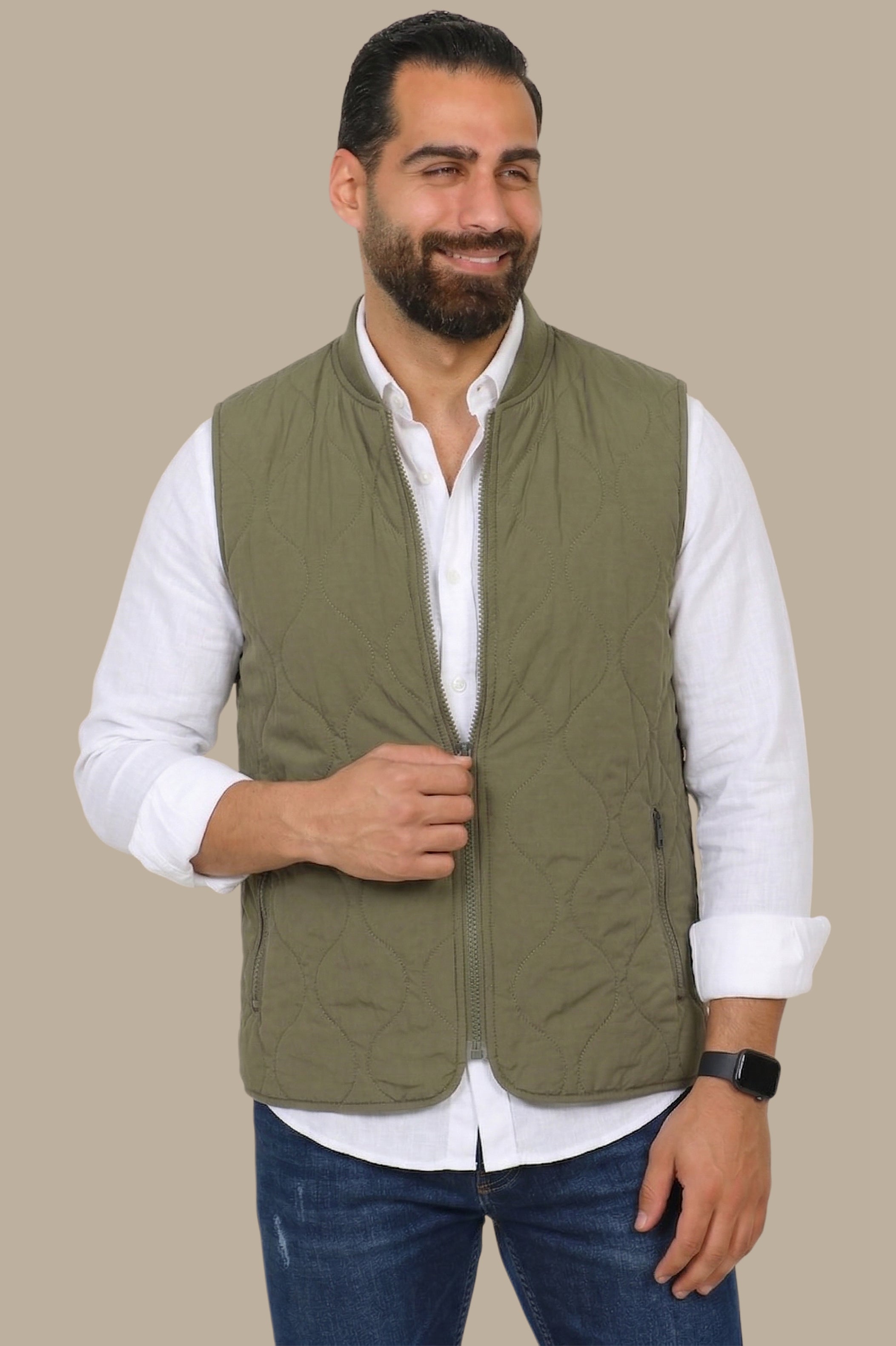 Khaki Puffer Vest with Wavy Stitch
