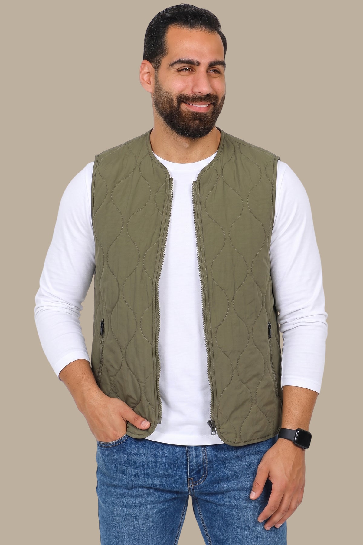 Khaki Puffer Vest with Wavy Stitch